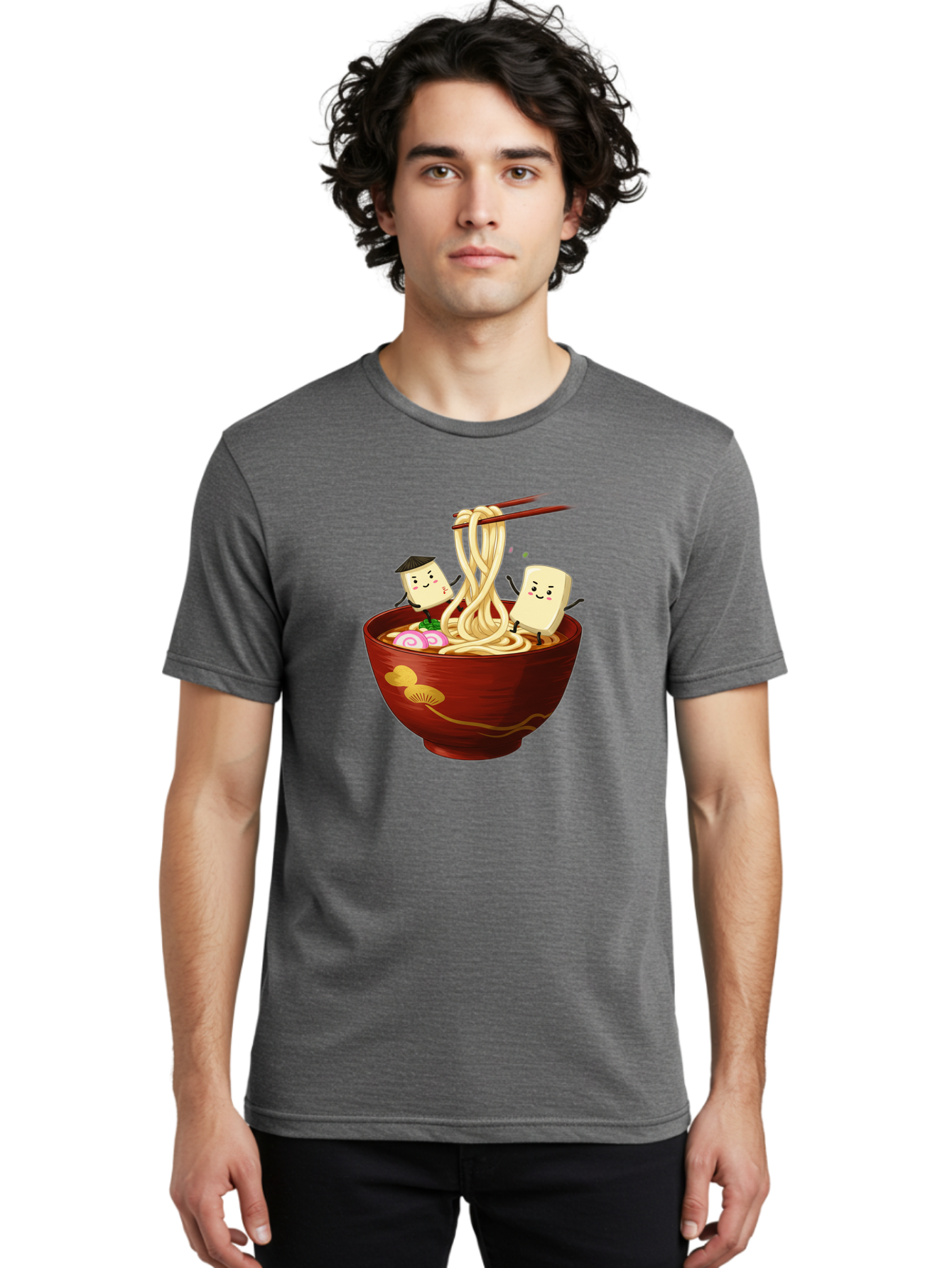 Tofu-And-Noodles Men'S Graphic Tee, 100% Cotton, Comfortable Casual Summer Wear, Machine Washable, Cartoon Tofu, Ramen Noodles, Chopsticks, Food Illustration, Japanese Cuisine, Animated Characters, Funny Scene, Noodle Bowl, Cartoon Food, Bab539