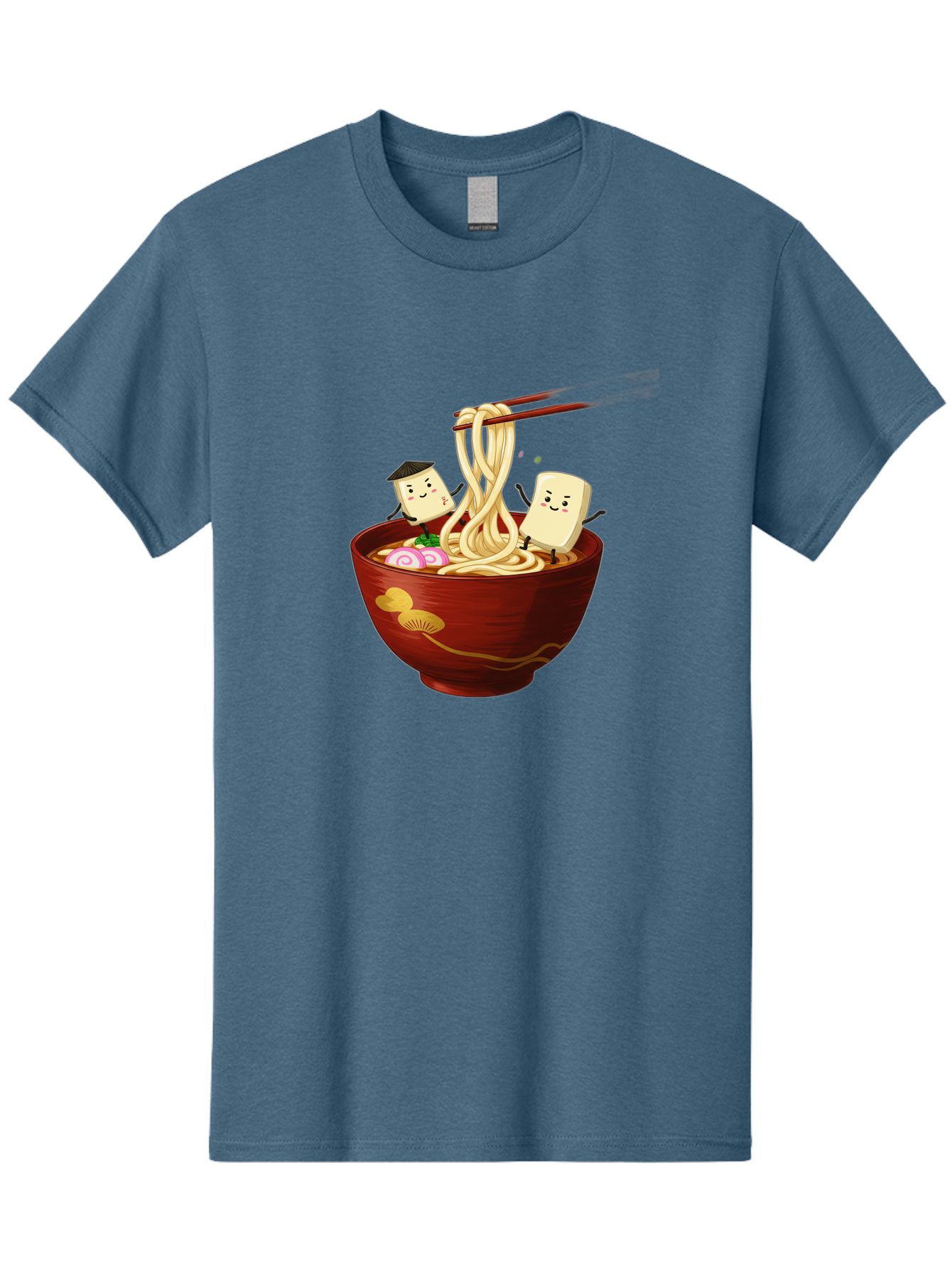 Tofu-And-Noodles Men'S Graphic Tee, 100% Cotton, Comfortable Casual Summer Wear, Machine Washable, Cartoon Tofu, Ramen Noodles, Chopsticks, Food Illustration, Japanese Cuisine, Animated Characters, Funny Scene, Noodle Bowl, Cartoon Food, Bab539