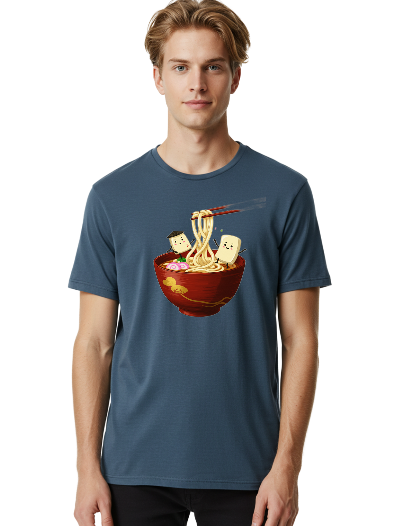 Tofu-And-Noodles Men'S Graphic Tee, 100% Cotton, Comfortable Casual Summer Wear, Machine Washable, Cartoon Tofu, Ramen Noodles, Chopsticks, Food Illustration, Japanese Cuisine, Animated Characters, Funny Scene, Noodle Bowl, Cartoon Food, Bab539