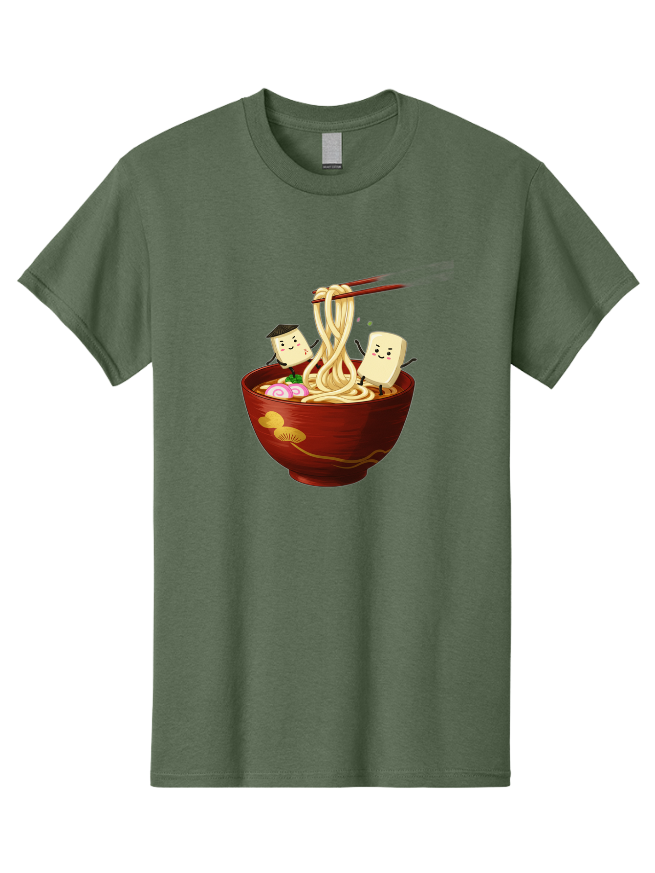 Tofu-And-Noodles Men'S Graphic Tee, 100% Cotton, Comfortable Casual Summer Wear, Machine Washable, Cartoon Tofu, Ramen Noodles, Chopsticks, Food Illustration, Japanese Cuisine, Animated Characters, Funny Scene, Noodle Bowl, Cartoon Food, Bab539