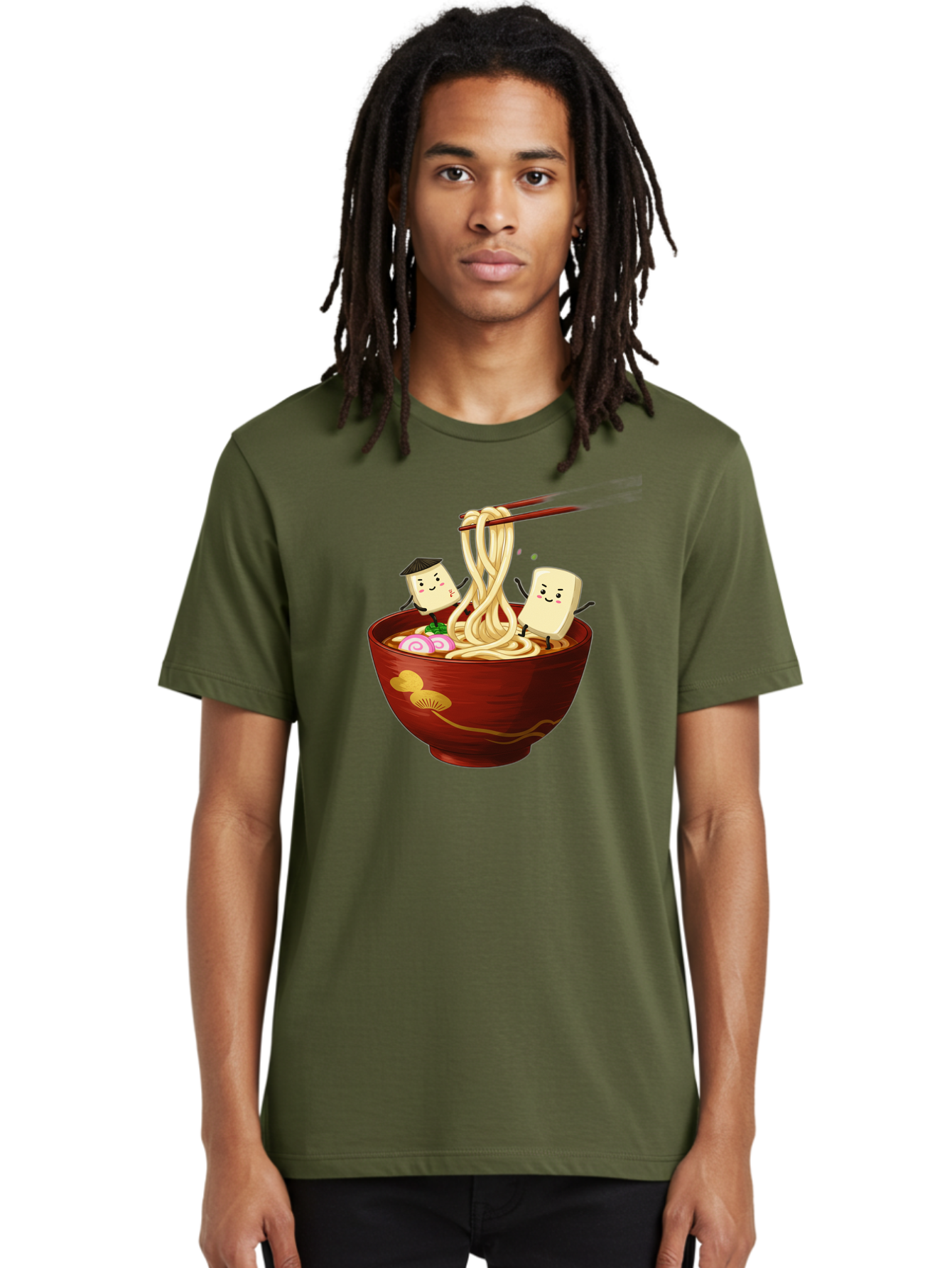 Tofu-And-Noodles Men'S Graphic Tee, 100% Cotton, Comfortable Casual Summer Wear, Machine Washable, Cartoon Tofu, Ramen Noodles, Chopsticks, Food Illustration, Japanese Cuisine, Animated Characters, Funny Scene, Noodle Bowl, Cartoon Food, Bab539