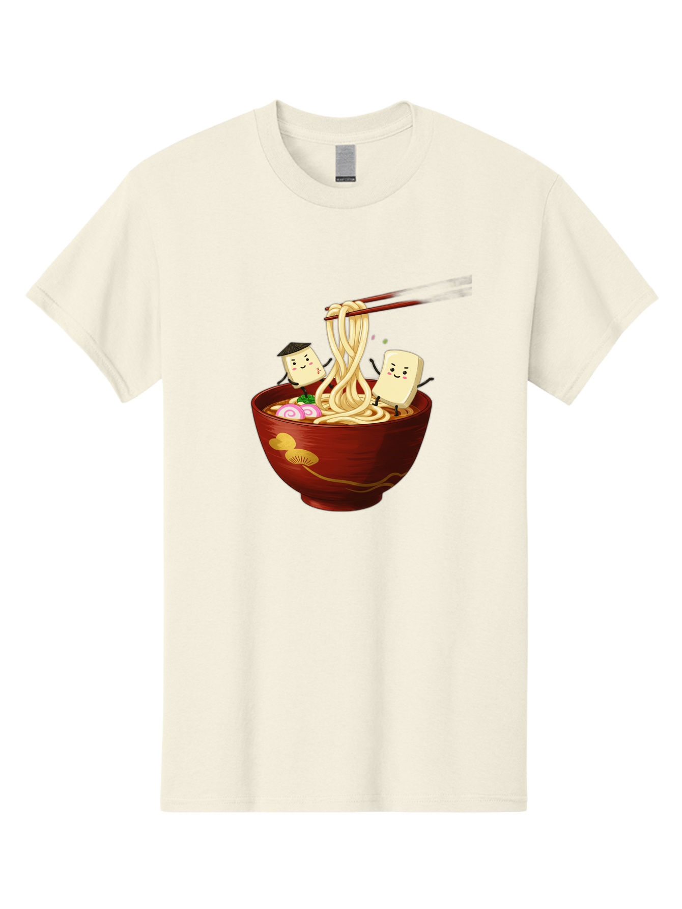 Tofu-And-Noodles Men'S Graphic Tee, 100% Cotton, Comfortable Casual Summer Wear, Machine Washable, Cartoon Tofu, Ramen Noodles, Chopsticks, Food Illustration, Japanese Cuisine, Animated Characters, Funny Scene, Noodle Bowl, Cartoon Food, Bab539