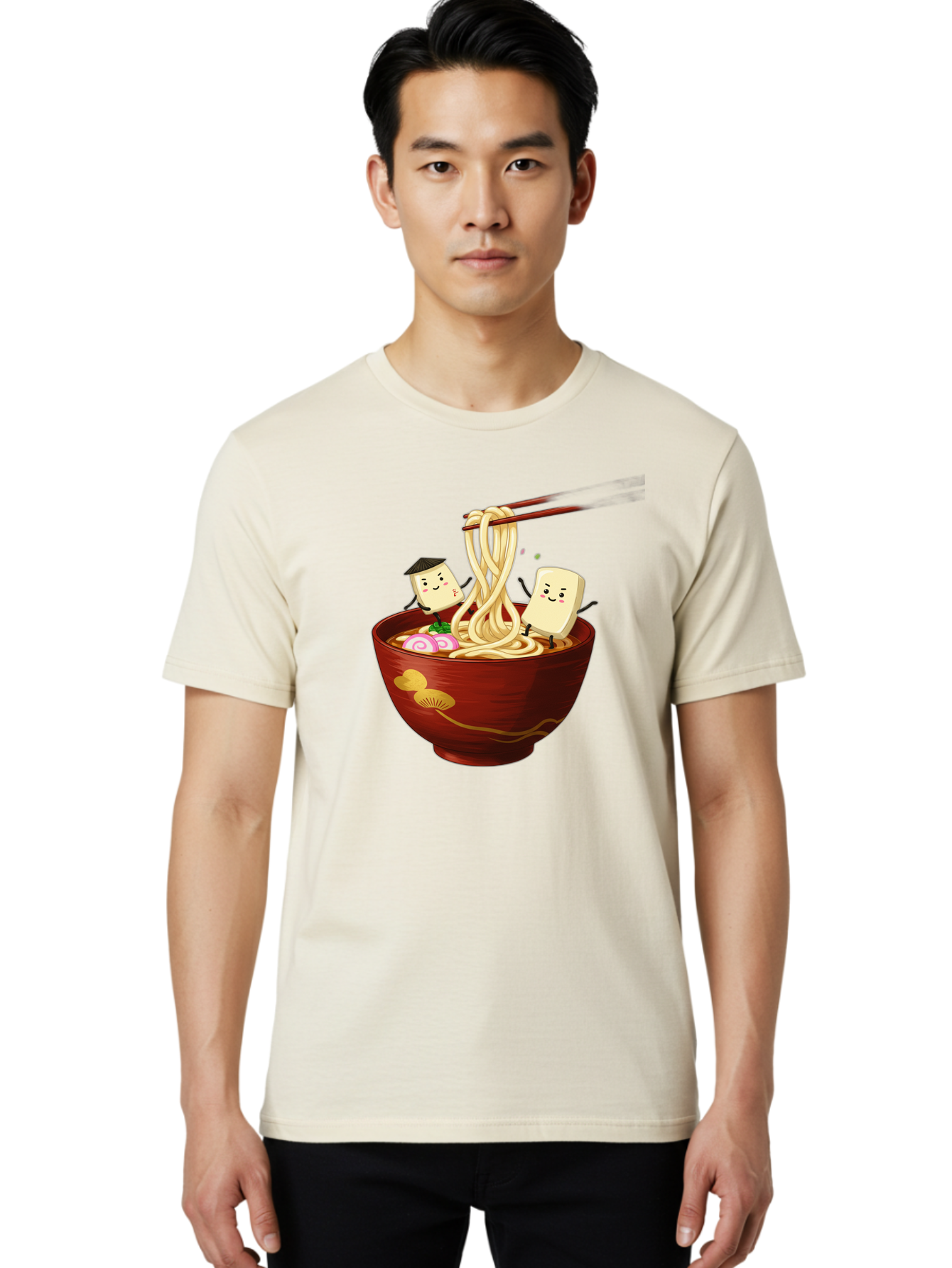 Tofu-And-Noodles Men'S Graphic Tee, 100% Cotton, Comfortable Casual Summer Wear, Machine Washable, Cartoon Tofu, Ramen Noodles, Chopsticks, Food Illustration, Japanese Cuisine, Animated Characters, Funny Scene, Noodle Bowl, Cartoon Food, Bab539