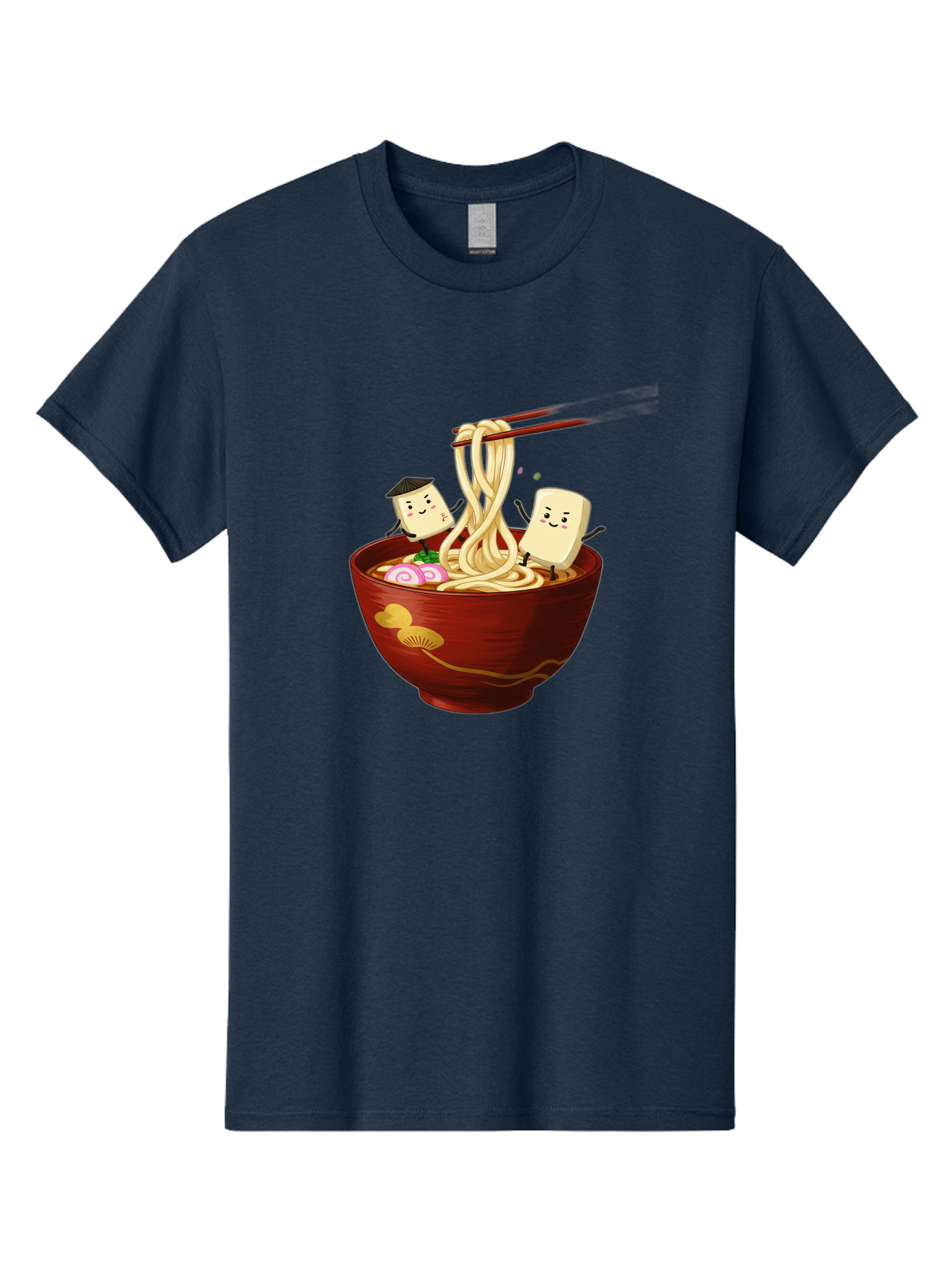 Tofu-And-Noodles Men'S Graphic Tee, 100% Cotton, Comfortable Casual Summer Wear, Machine Washable, Cartoon Tofu, Ramen Noodles, Chopsticks, Food Illustration, Japanese Cuisine, Animated Characters, Funny Scene, Noodle Bowl, Cartoon Food, Bab539