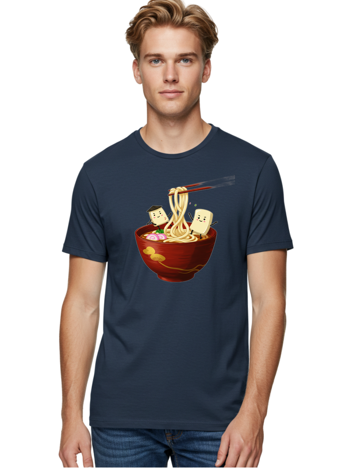 Tofu-And-Noodles Men'S Graphic Tee, 100% Cotton, Comfortable Casual Summer Wear, Machine Washable, Cartoon Tofu, Ramen Noodles, Chopsticks, Food Illustration, Japanese Cuisine, Animated Characters, Funny Scene, Noodle Bowl, Cartoon Food, Bab539