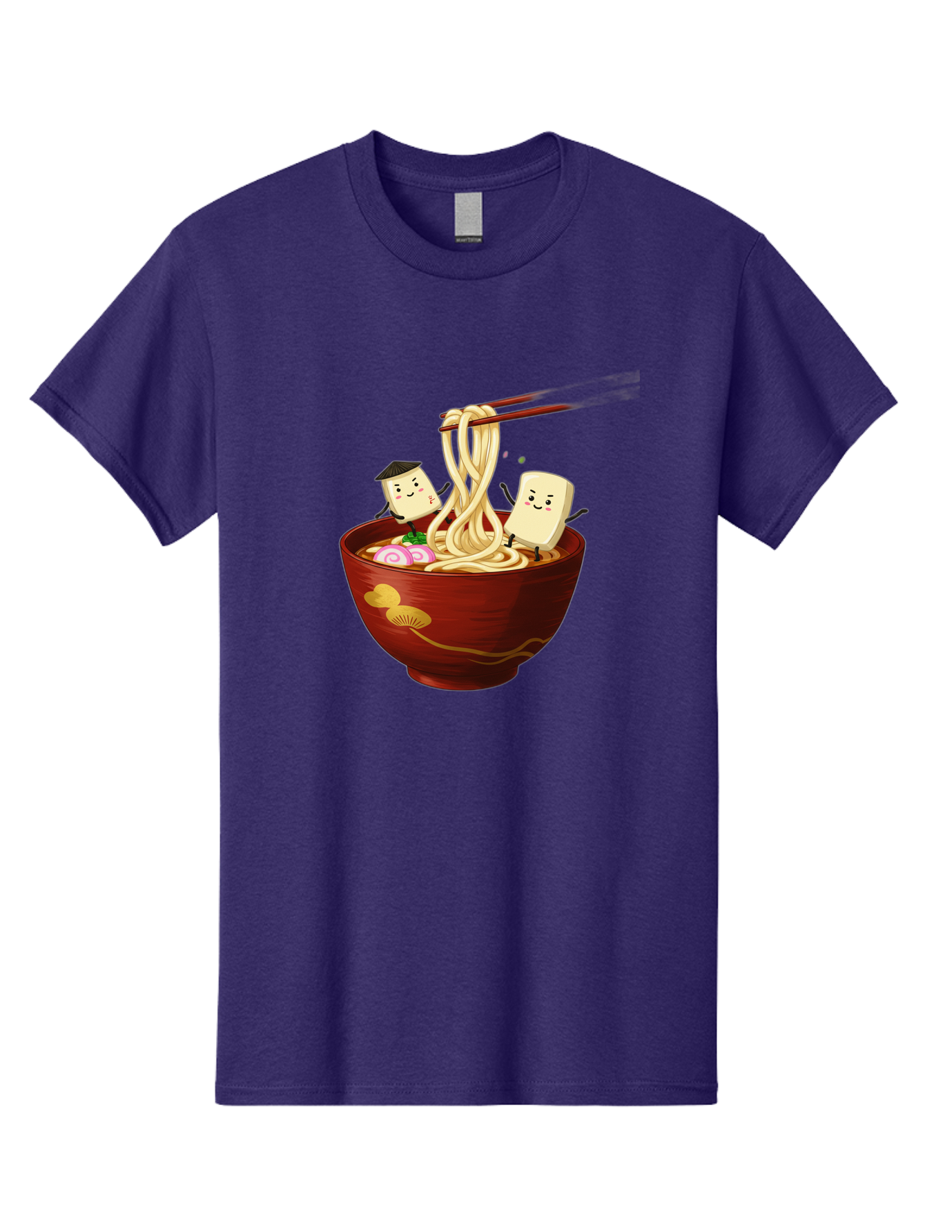 Tofu-And-Noodles Men'S Graphic Tee, 100% Cotton, Comfortable Casual Summer Wear, Machine Washable, Cartoon Tofu, Ramen Noodles, Chopsticks, Food Illustration, Japanese Cuisine, Animated Characters, Funny Scene, Noodle Bowl, Cartoon Food, Bab539