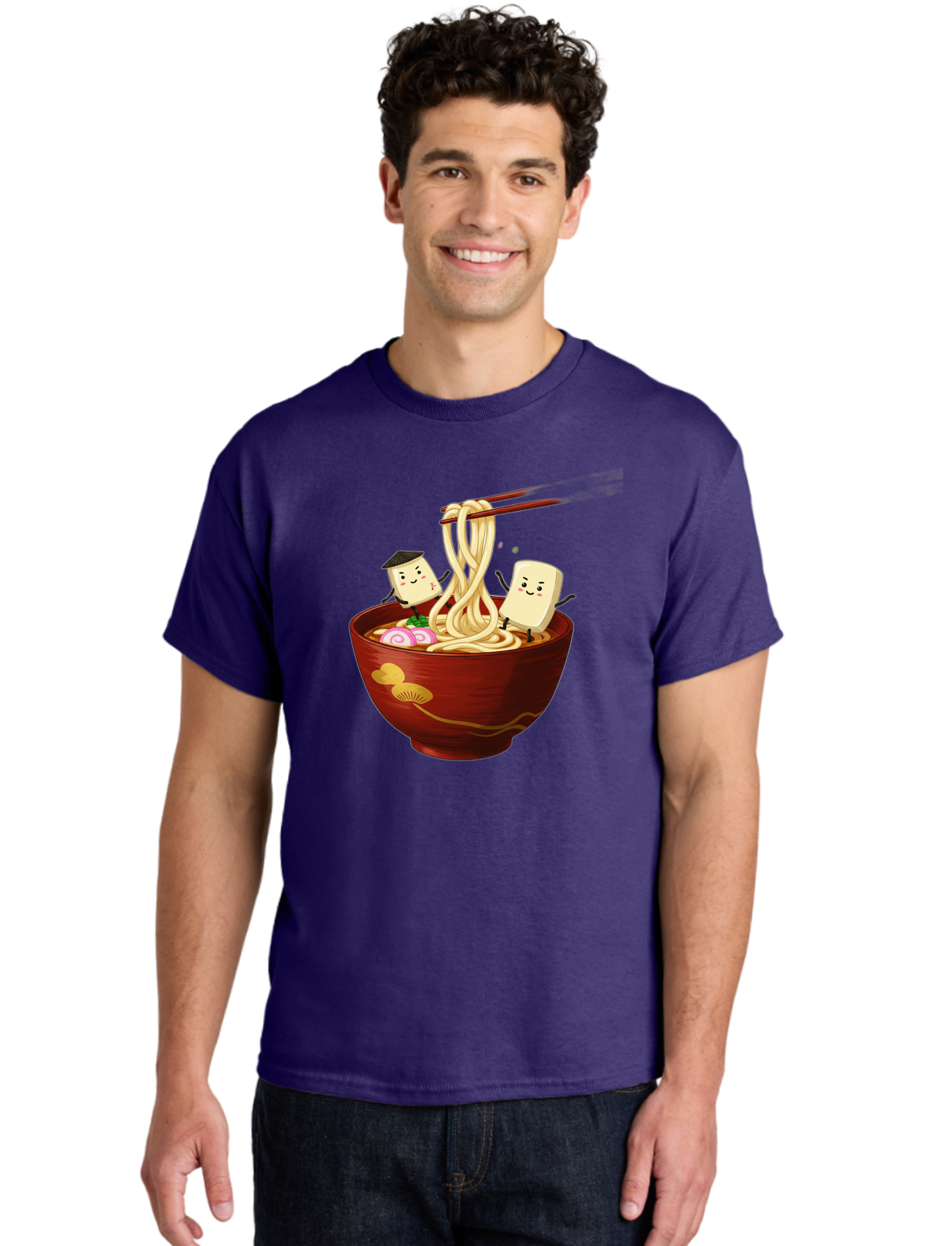Tofu-And-Noodles Men'S Graphic Tee, 100% Cotton, Comfortable Casual Summer Wear, Machine Washable, Cartoon Tofu, Ramen Noodles, Chopsticks, Food Illustration, Japanese Cuisine, Animated Characters, Funny Scene, Noodle Bowl, Cartoon Food, Bab539