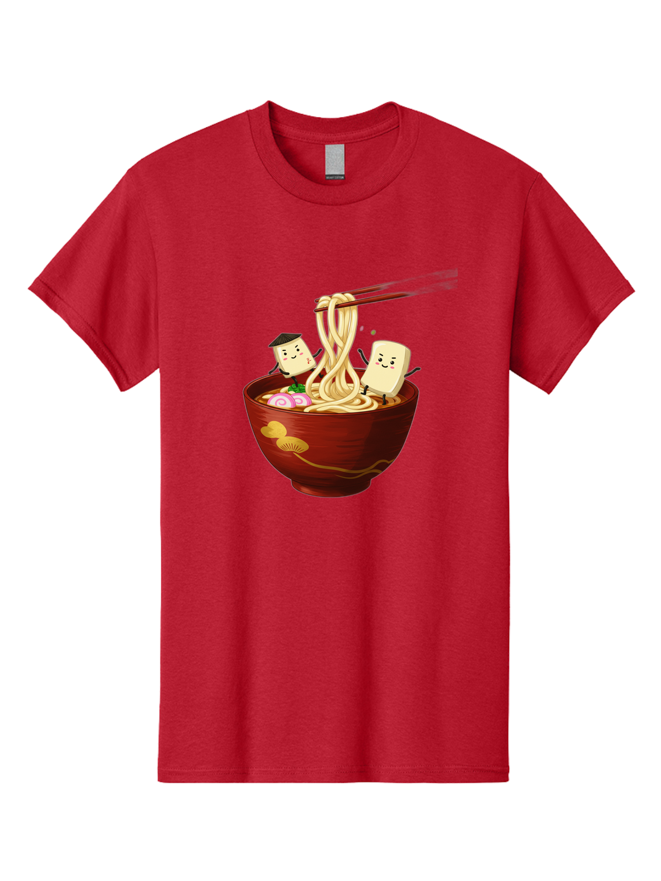 Tofu-And-Noodles Men'S Graphic Tee, 100% Cotton, Comfortable Casual Summer Wear, Machine Washable, Cartoon Tofu, Ramen Noodles, Chopsticks, Food Illustration, Japanese Cuisine, Animated Characters, Funny Scene, Noodle Bowl, Cartoon Food, Bab539