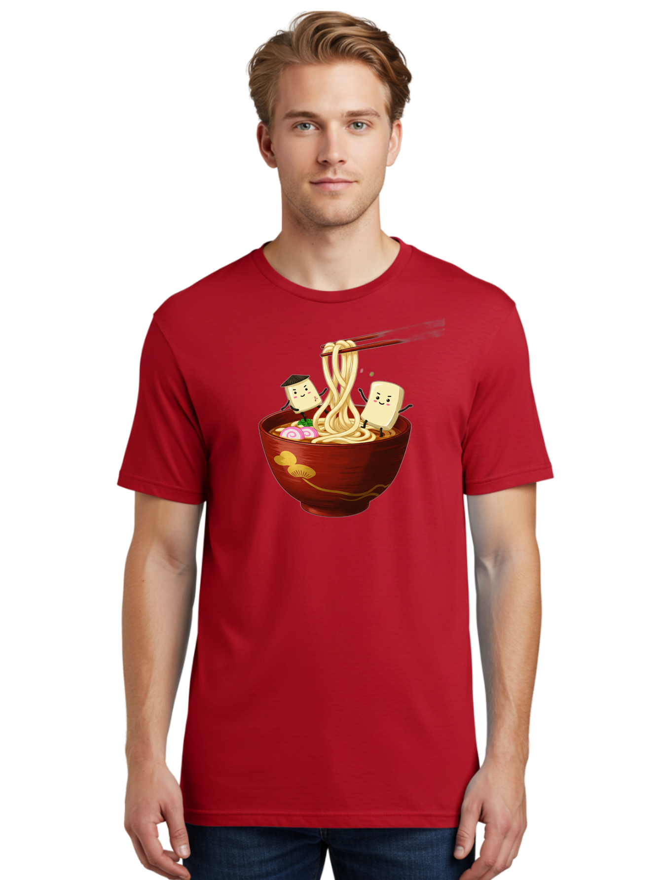 Tofu-And-Noodles Men'S Graphic Tee, 100% Cotton, Comfortable Casual Summer Wear, Machine Washable, Cartoon Tofu, Ramen Noodles, Chopsticks, Food Illustration, Japanese Cuisine, Animated Characters, Funny Scene, Noodle Bowl, Cartoon Food, Bab539