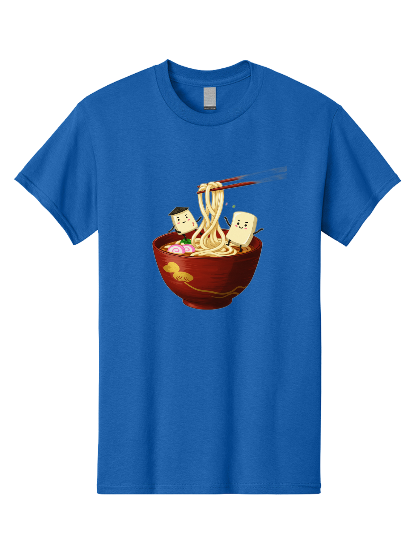 Tofu-And-Noodles Men'S Graphic Tee, 100% Cotton, Comfortable Casual Summer Wear, Machine Washable, Cartoon Tofu, Ramen Noodles, Chopsticks, Food Illustration, Japanese Cuisine, Animated Characters, Funny Scene, Noodle Bowl, Cartoon Food, Bab539