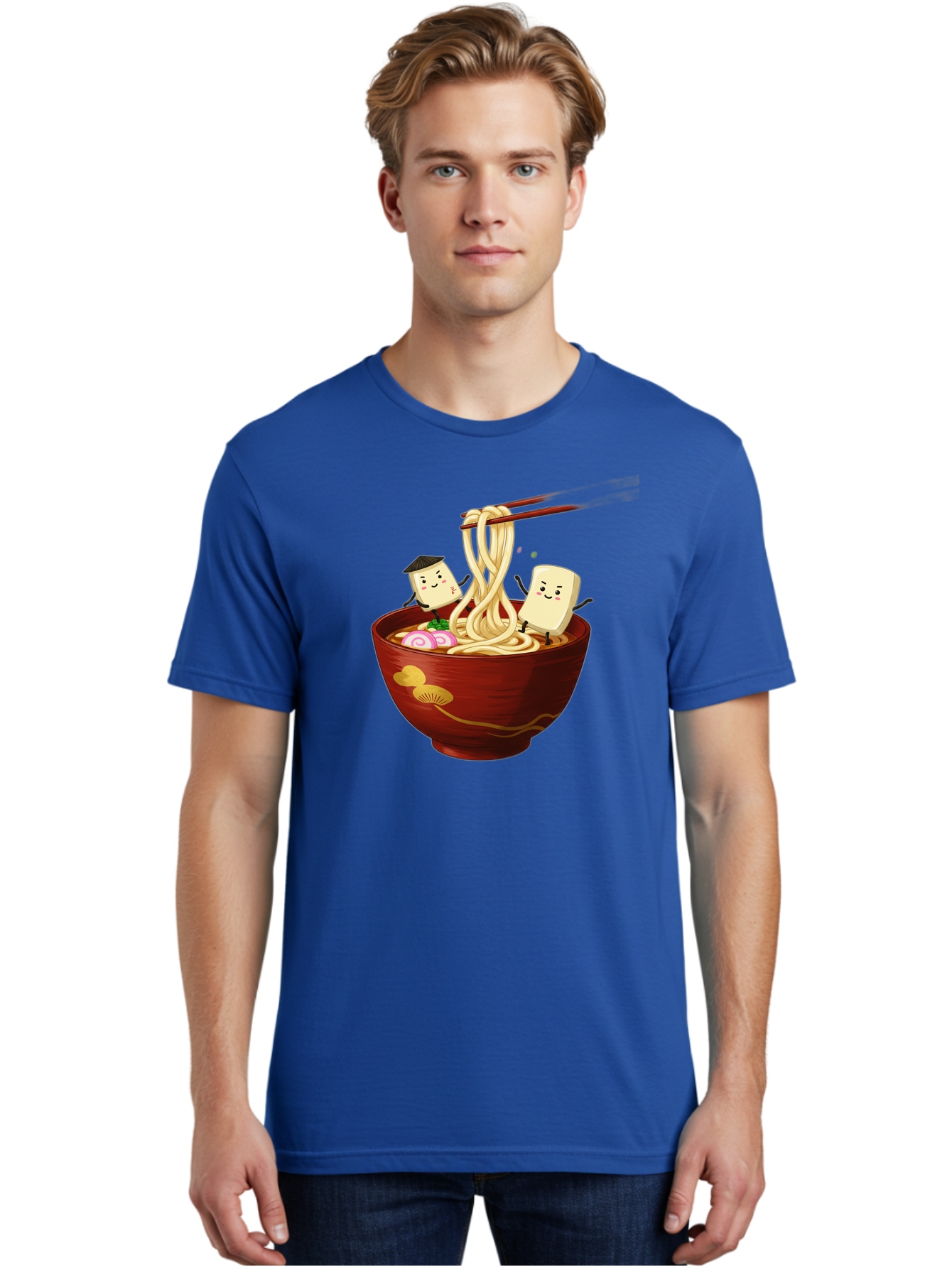 Tofu-And-Noodles Men'S Graphic Tee, 100% Cotton, Comfortable Casual Summer Wear, Machine Washable, Cartoon Tofu, Ramen Noodles, Chopsticks, Food Illustration, Japanese Cuisine, Animated Characters, Funny Scene, Noodle Bowl, Cartoon Food, Bab539