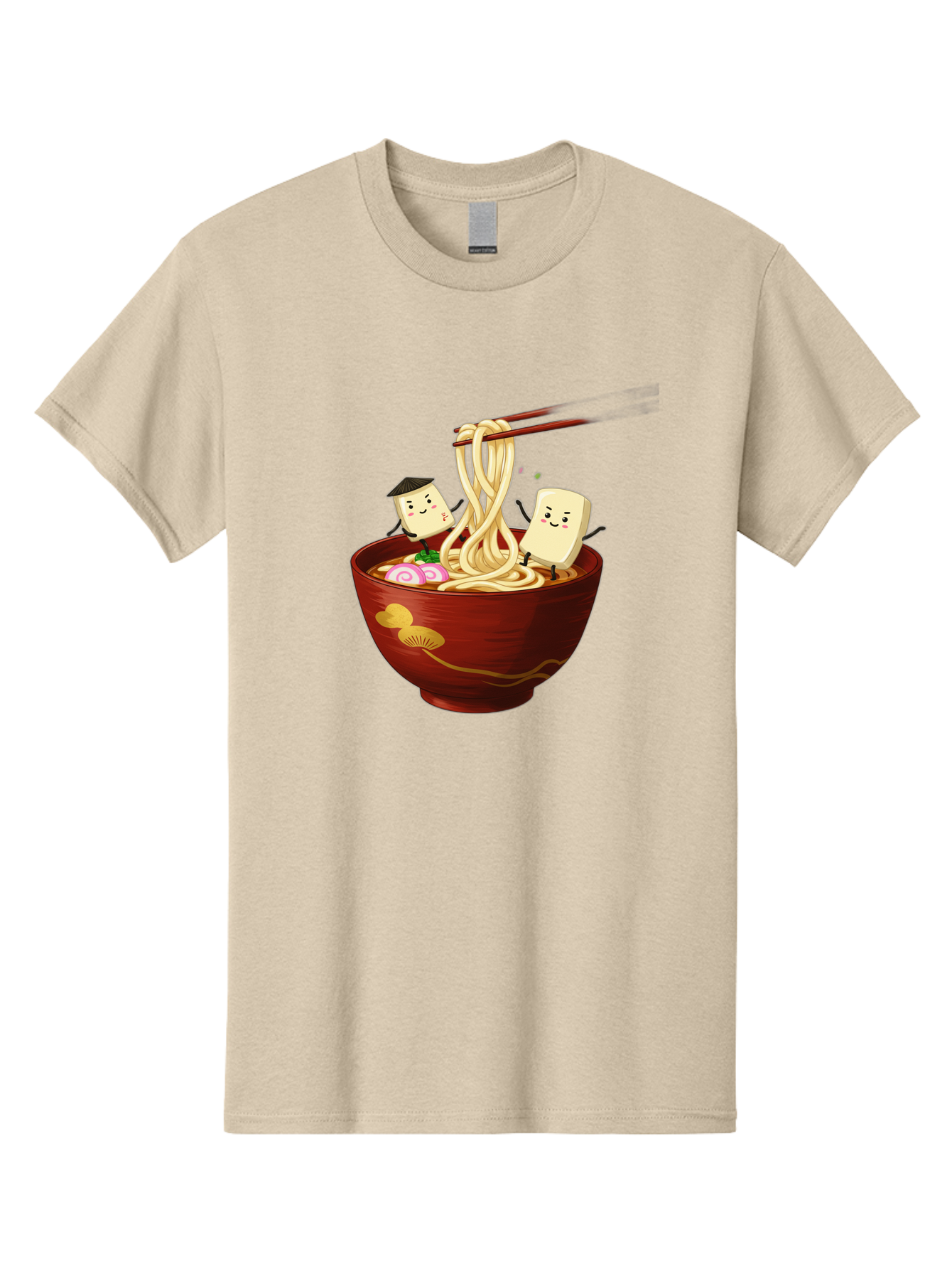 Tofu-And-Noodles Men'S Graphic Tee, 100% Cotton, Comfortable Casual Summer Wear, Machine Washable, Cartoon Tofu, Ramen Noodles, Chopsticks, Food Illustration, Japanese Cuisine, Animated Characters, Funny Scene, Noodle Bowl, Cartoon Food, Bab539
