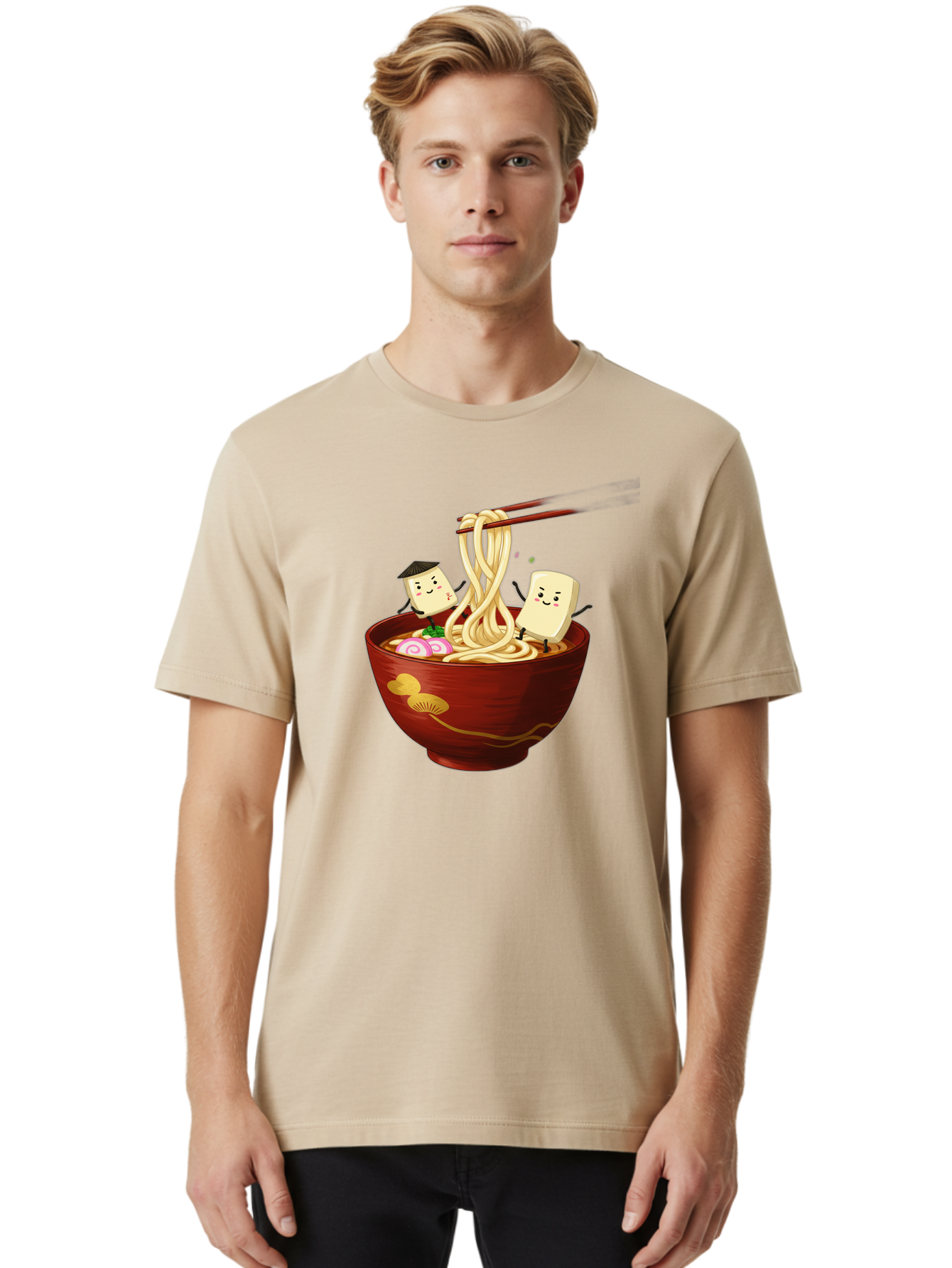 Tofu-And-Noodles Men'S Graphic Tee, 100% Cotton, Comfortable Casual Summer Wear, Machine Washable, Cartoon Tofu, Ramen Noodles, Chopsticks, Food Illustration, Japanese Cuisine, Animated Characters, Funny Scene, Noodle Bowl, Cartoon Food, Bab539
