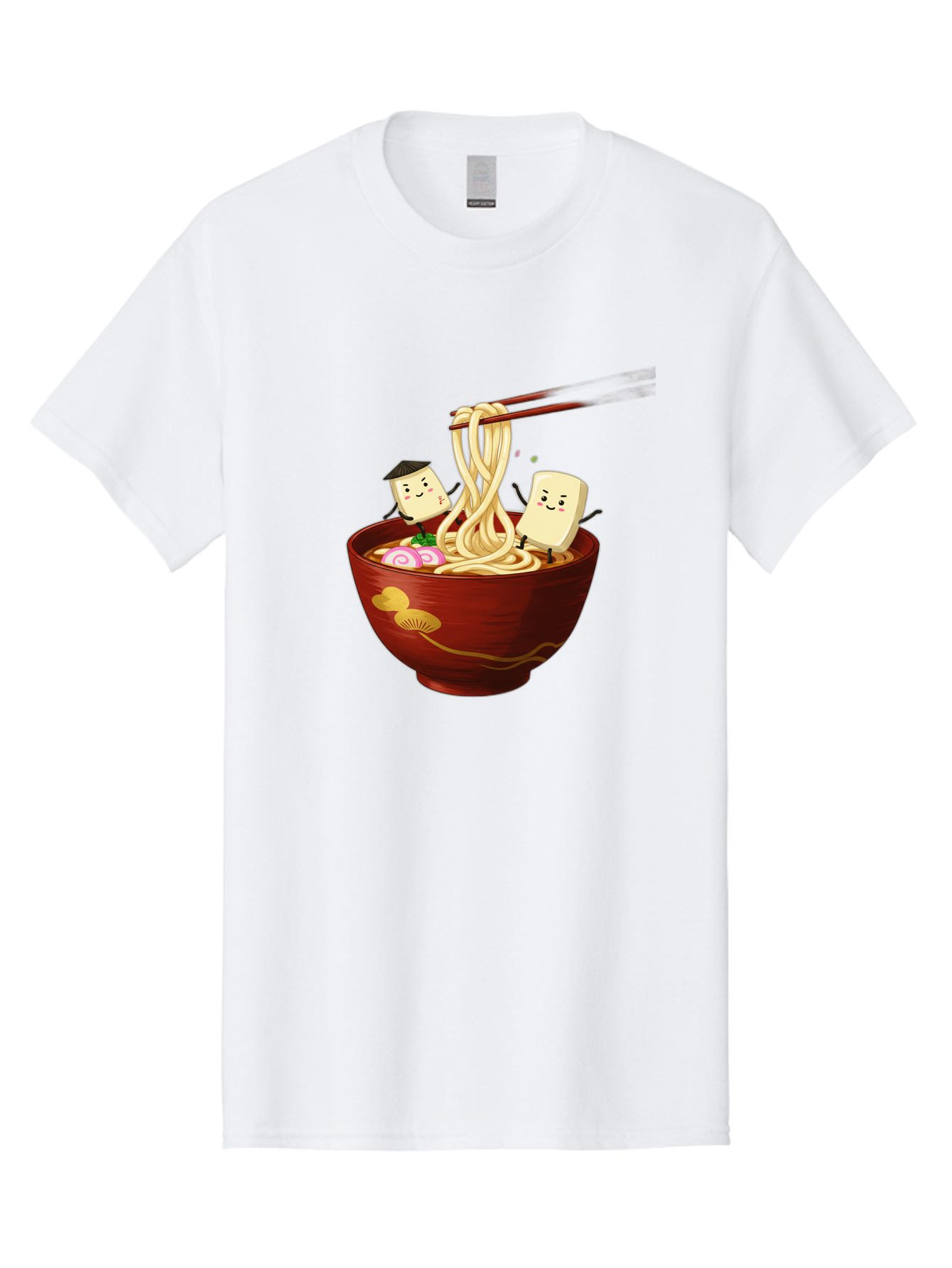 Tofu-And-Noodles Men'S Graphic Tee, 100% Cotton, Comfortable Casual Summer Wear, Machine Washable, Cartoon Tofu, Ramen Noodles, Chopsticks, Food Illustration, Japanese Cuisine, Animated Characters, Funny Scene, Noodle Bowl, Cartoon Food, Bab539