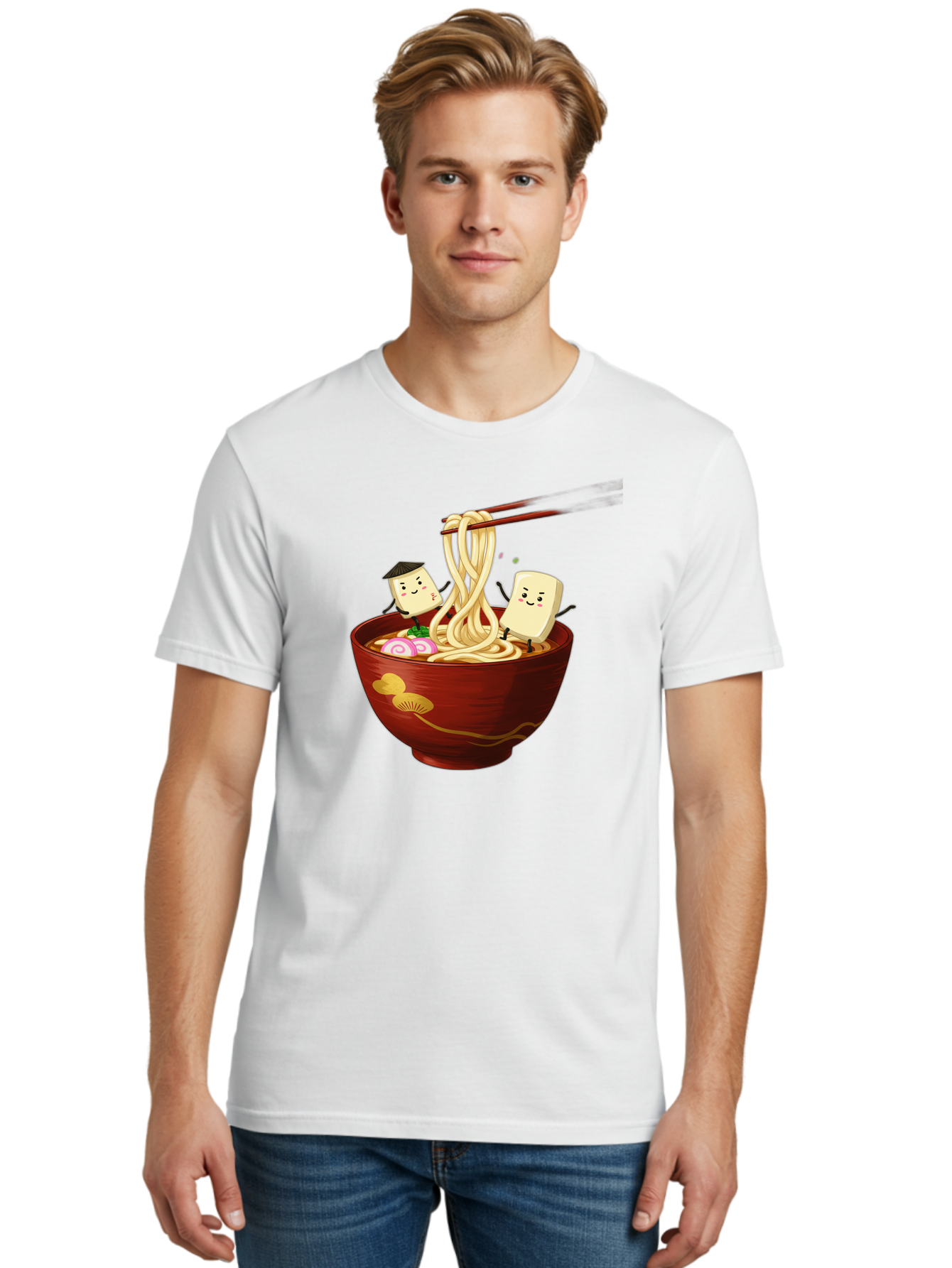 Tofu-And-Noodles Men'S Graphic Tee, 100% Cotton, Comfortable Casual Summer Wear, Machine Washable, Cartoon Tofu, Ramen Noodles, Chopsticks, Food Illustration, Japanese Cuisine, Animated Characters, Funny Scene, Noodle Bowl, Cartoon Food, Bab539