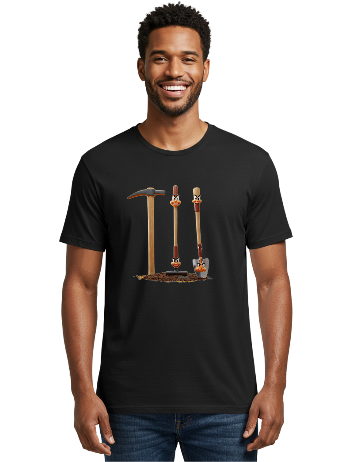 Tools-With-Duck-Faces Men'S Graphic Tee, 100% Cotton, Comfortable Casual Summer Wear, Machine Washable, Wooden Handled Tools, Hammer, Spade, Pickaxe, Cartoon Duck Faces, Gardening Equipment, Humorous Illustration, Quirky Design, Funny Tools, Bab540