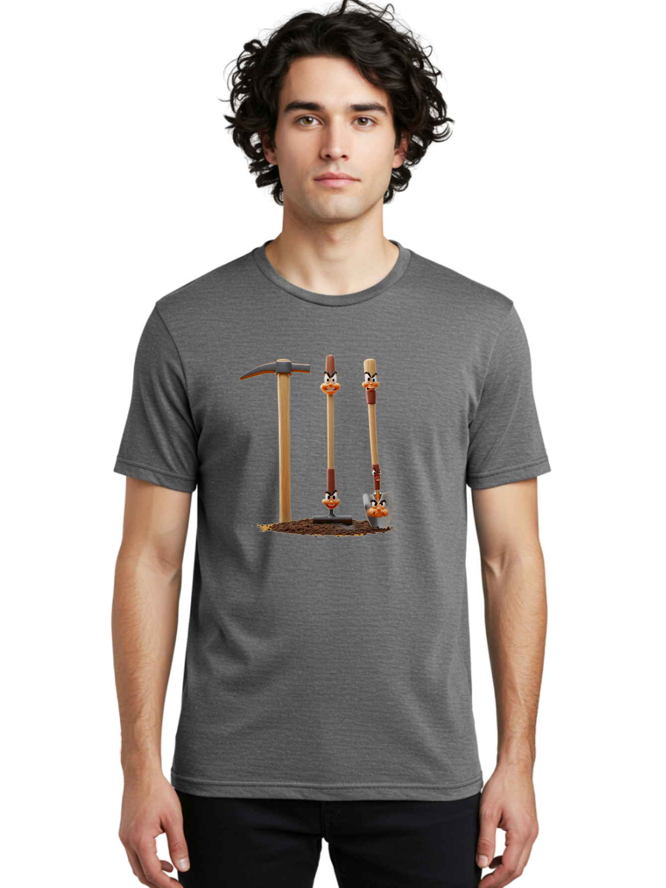 Tools-With-Duck-Faces Men'S Graphic Tee, 100% Cotton, Comfortable Casual Summer Wear, Machine Washable, Wooden Handled Tools, Hammer, Spade, Pickaxe, Cartoon Duck Faces, Gardening Equipment, Humorous Illustration, Quirky Design, Funny Tools, Bab540