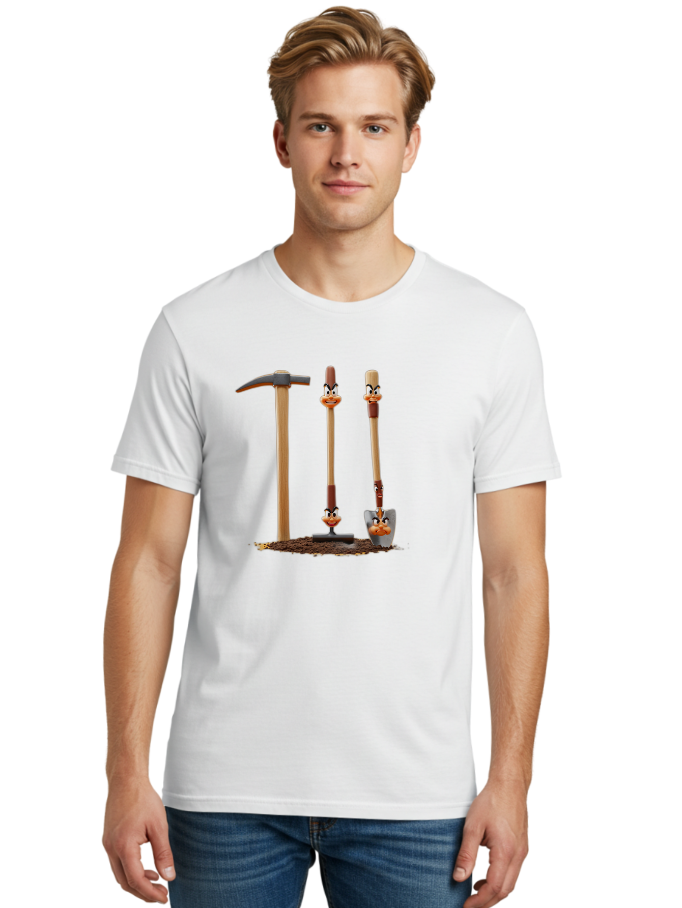 Tools-With-Duck-Faces Men'S Graphic Tee, 100% Cotton, Comfortable Casual Summer Wear, Machine Washable, Wooden Handled Tools, Hammer, Spade, Pickaxe, Cartoon Duck Faces, Gardening Equipment, Humorous Illustration, Quirky Design, Funny Tools, Bab540