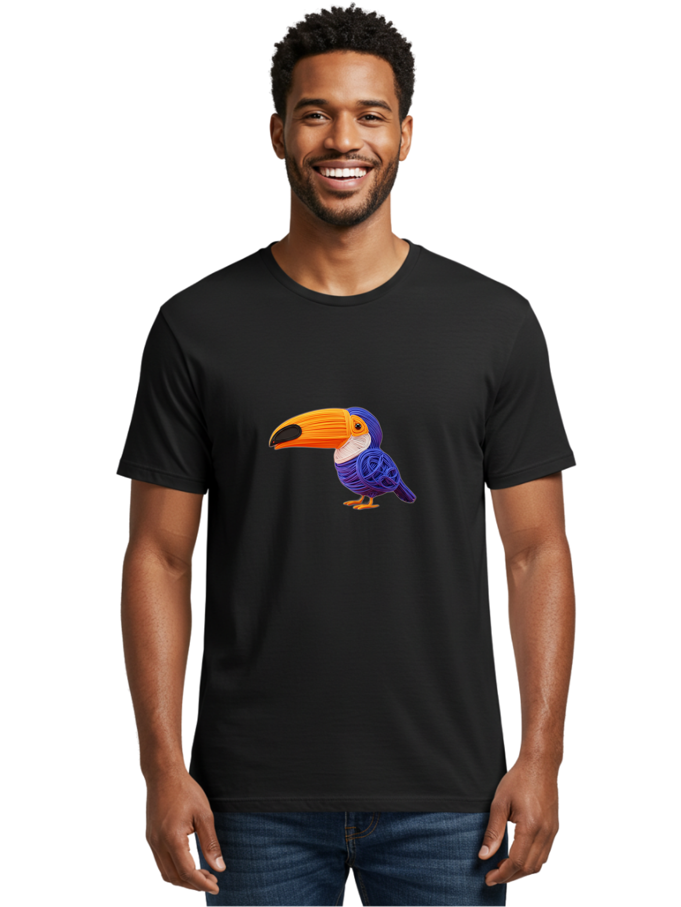 Toucan Men'S Graphic Tee, 100% Cotton, Comfortable Casual Summer Wear, Machine Washable, Toucan Bird, Colorful Illustration, Vibrant Plumage, Large Beak, Tropical Bird, Orange Beak, Blue Feathers, Yellow Feet, Digital Art, Creative Design Bab541