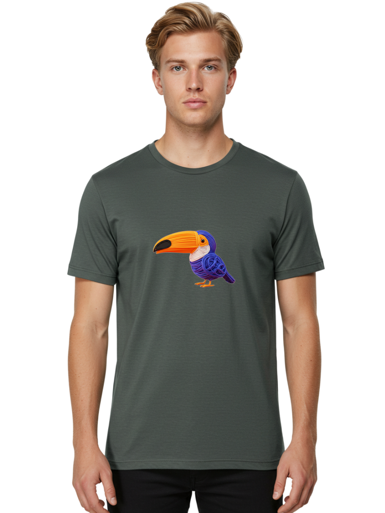Toucan Men'S Graphic Tee, 100% Cotton, Comfortable Casual Summer Wear, Machine Washable, Toucan Bird, Colorful Illustration, Vibrant Plumage, Large Beak, Tropical Bird, Orange Beak, Blue Feathers, Yellow Feet, Digital Art, Creative Design Bab541