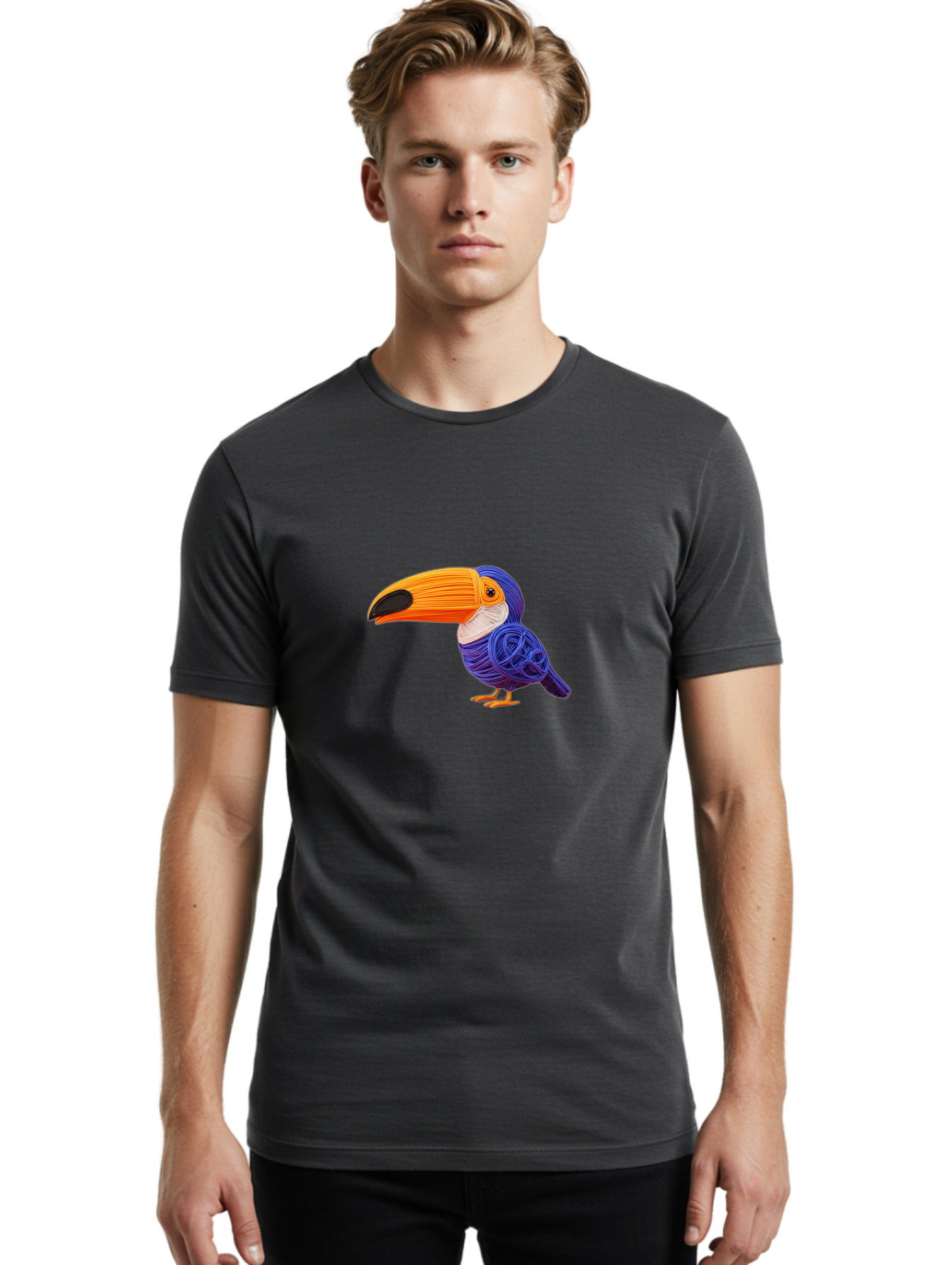 Toucan Men'S Graphic Tee, 100% Cotton, Comfortable Casual Summer Wear, Machine Washable, Toucan Bird, Colorful Illustration, Vibrant Plumage, Large Beak, Tropical Bird, Orange Beak, Blue Feathers, Yellow Feet, Digital Art, Creative Design Bab541