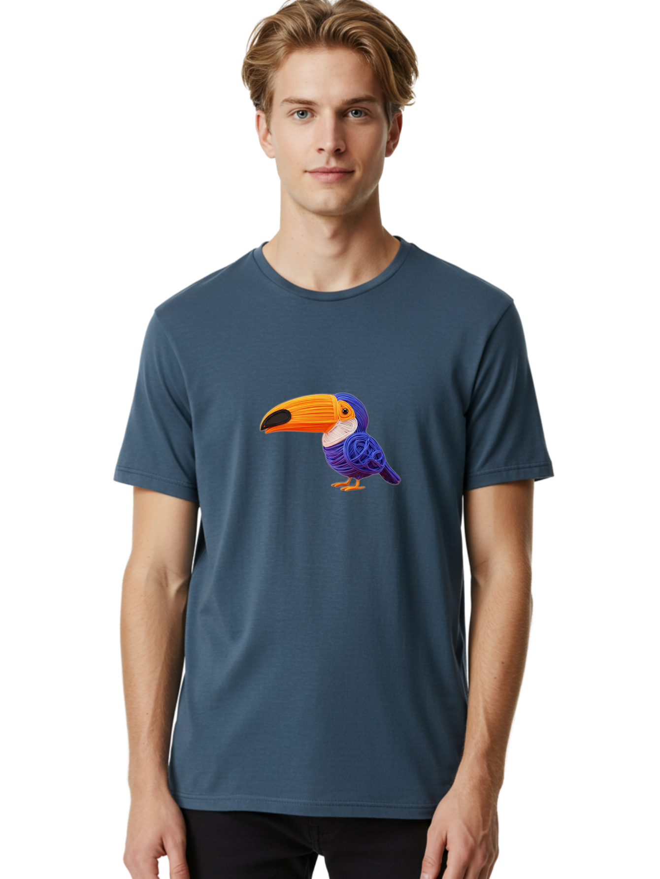 Toucan Men'S Graphic Tee, 100% Cotton, Comfortable Casual Summer Wear, Machine Washable, Toucan Bird, Colorful Illustration, Vibrant Plumage, Large Beak, Tropical Bird, Orange Beak, Blue Feathers, Yellow Feet, Digital Art, Creative Design Bab541
