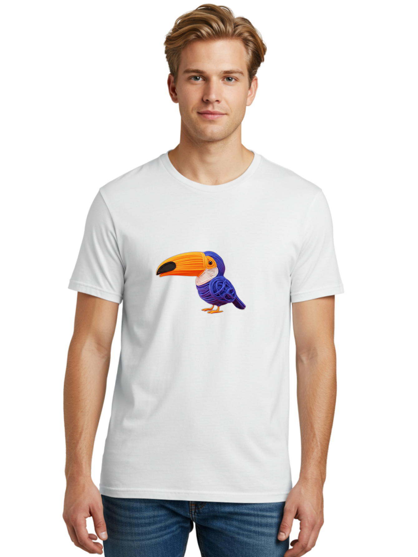 Toucan Men'S Graphic Tee, 100% Cotton, Comfortable Casual Summer Wear, Machine Washable, Toucan Bird, Colorful Illustration, Vibrant Plumage, Large Beak, Tropical Bird, Orange Beak, Blue Feathers, Yellow Feet, Digital Art, Creative Design Bab541