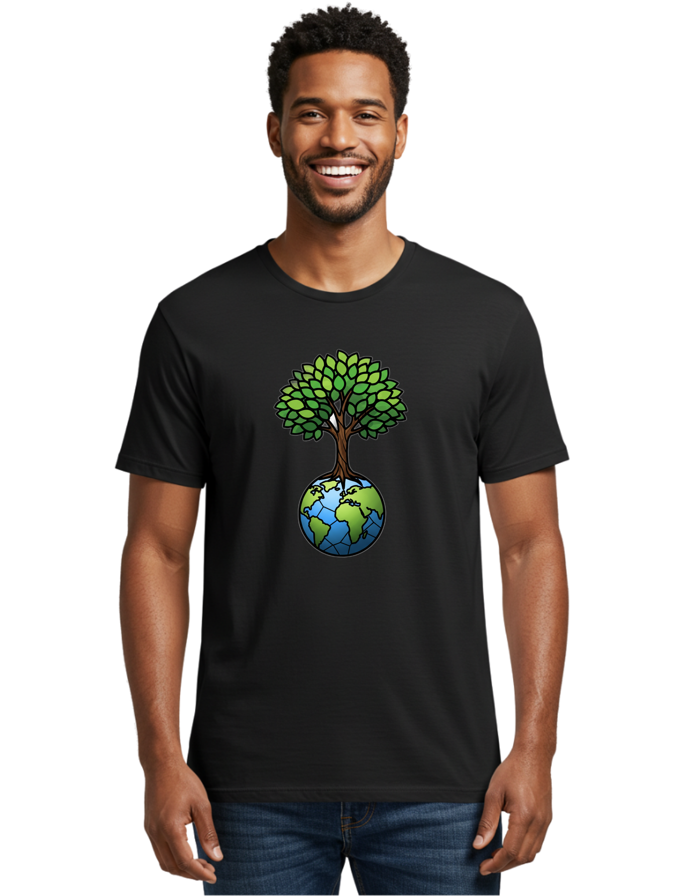 Tree-Growing-On-Globe Men'S Graphic Tee, 100% Cotton, Comfortable Casual Summer Wear, Machine Washable, Tree Growing From The Earth, Eco-Friendly Symbol, Environmental Conservation, Sustainable Living, Global Unity, Nature Preservation, Bab545