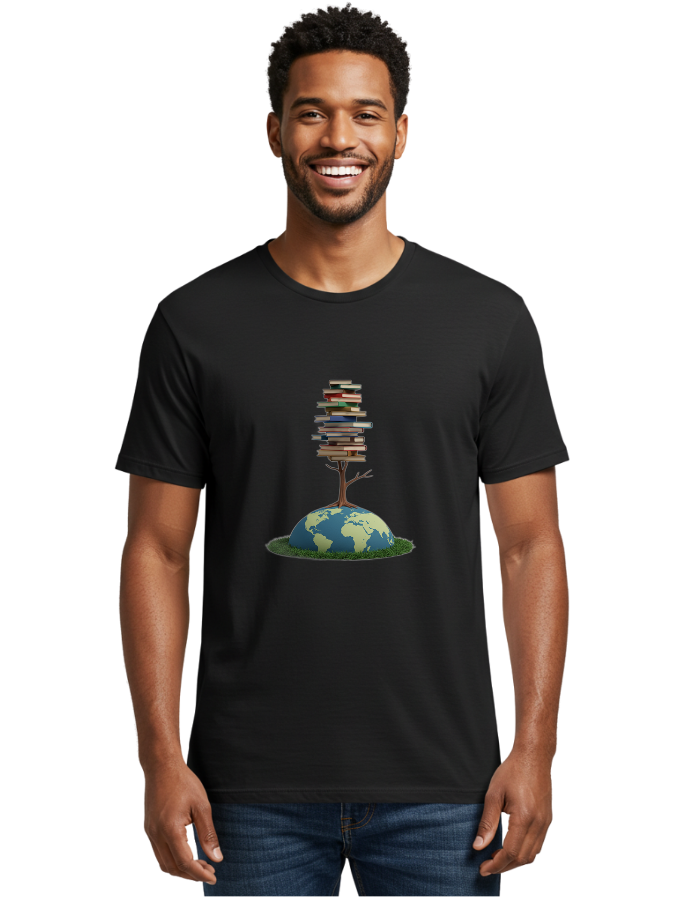 Tree-Of-Knowledge Men'S Graphic Tee, 100% Cotton, Comfortable Casual Summer Wear, Machine Washable, Globe With Tree, Stacked Books, Global Knowledge, Education Worldwide, Literary Diversity, World Unity, Intellectual Growth, Tree Of Knowledge Bab547