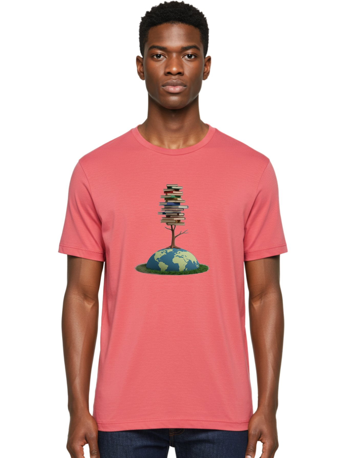 Tree-Of-Knowledge Men'S Graphic Tee, 100% Cotton, Comfortable Casual Summer Wear, Machine Washable, Globe With Tree, Stacked Books, Global Knowledge, Education Worldwide, Literary Diversity, World Unity, Intellectual Growth, Tree Of Knowledge Bab547