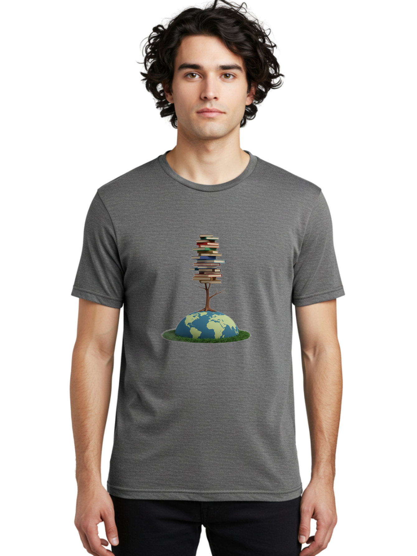 Tree-Of-Knowledge Men'S Graphic Tee, 100% Cotton, Comfortable Casual Summer Wear, Machine Washable, Globe With Tree, Stacked Books, Global Knowledge, Education Worldwide, Literary Diversity, World Unity, Intellectual Growth, Tree Of Knowledge Bab547