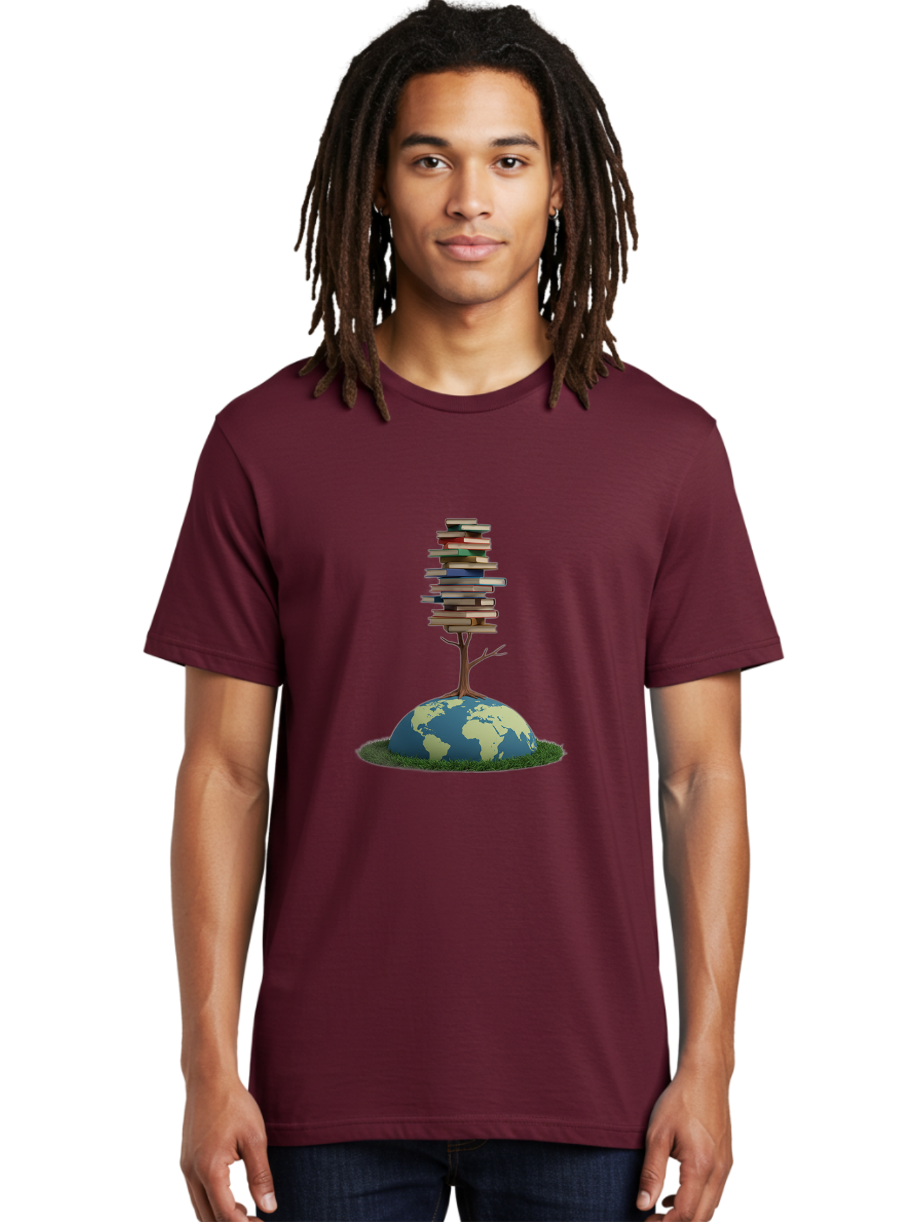 Tree-Of-Knowledge Men'S Graphic Tee, 100% Cotton, Comfortable Casual Summer Wear, Machine Washable, Globe With Tree, Stacked Books, Global Knowledge, Education Worldwide, Literary Diversity, World Unity, Intellectual Growth, Tree Of Knowledge Bab547