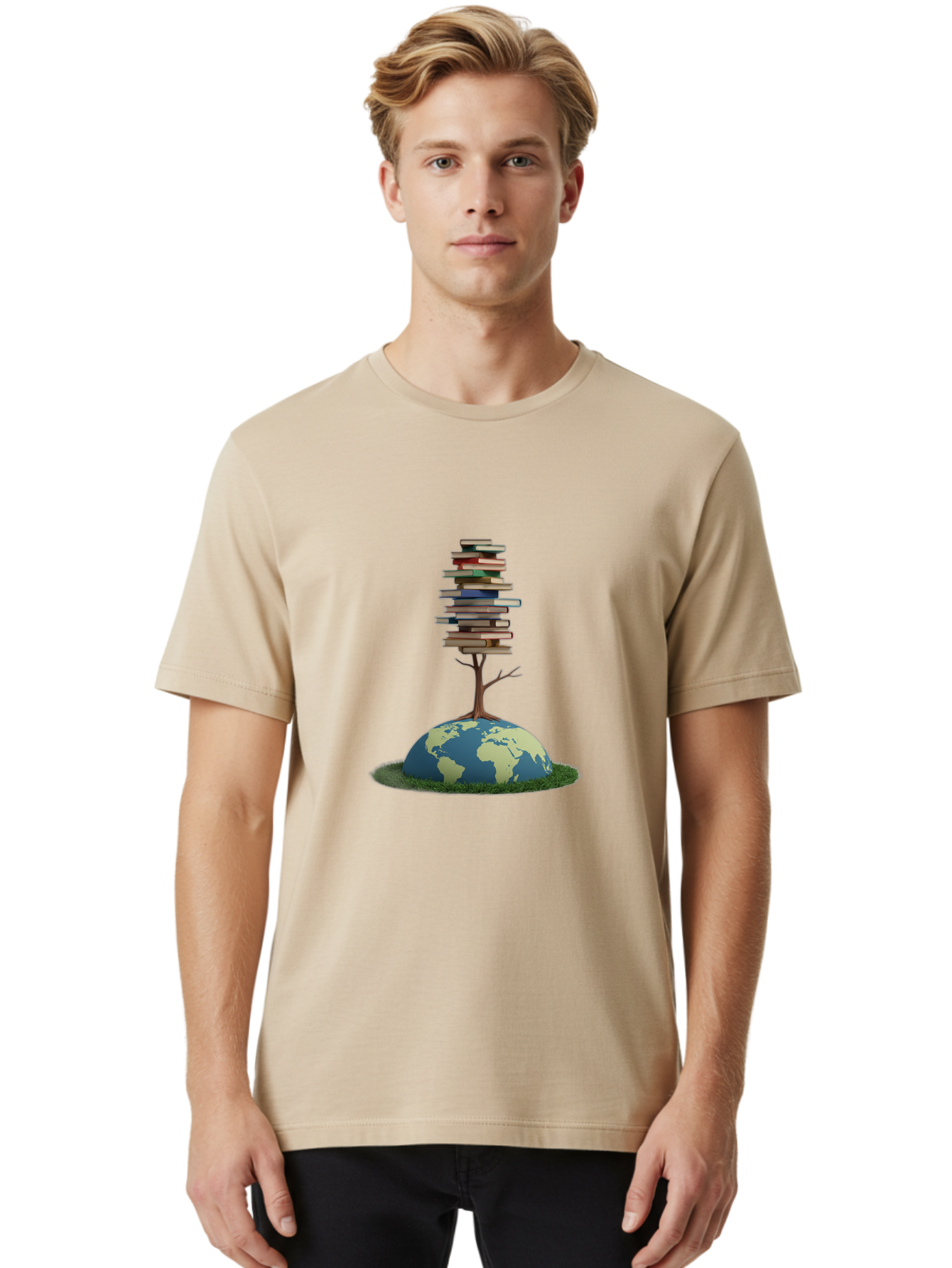Tree-Of-Knowledge Men'S Graphic Tee, 100% Cotton, Comfortable Casual Summer Wear, Machine Washable, Globe With Tree, Stacked Books, Global Knowledge, Education Worldwide, Literary Diversity, World Unity, Intellectual Growth, Tree Of Knowledge Bab547