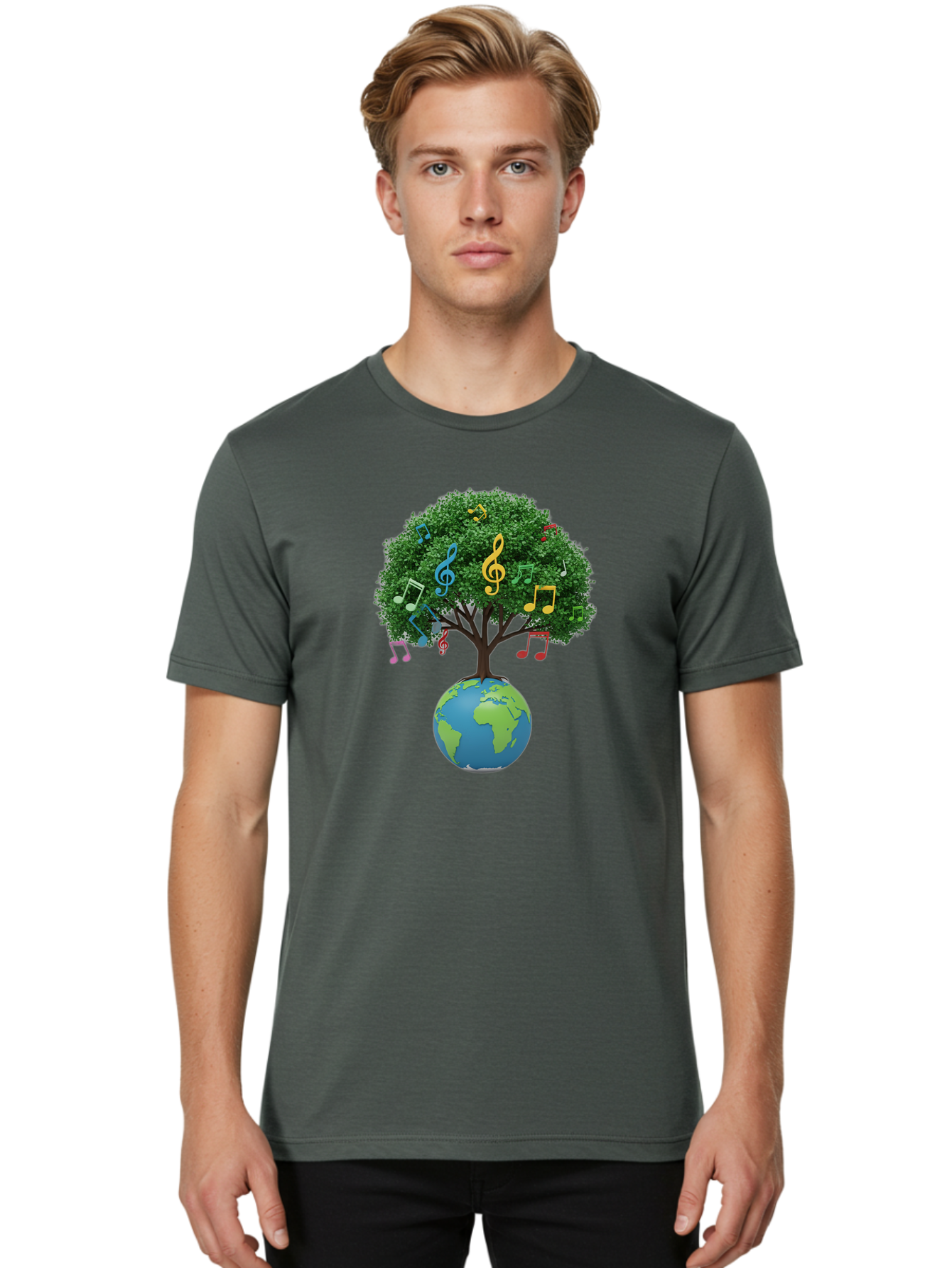 Tree-Of-Music Men'S Graphic Tee, 100% Cotton, Comfortable Casual Summer Wear, Machine Washable, Tree Growing Out Of The Earth, Global Unity, Music Notes, Treble Clefs, Harmony, World Music, Cultural Diversity, Environmentalism, Bab548