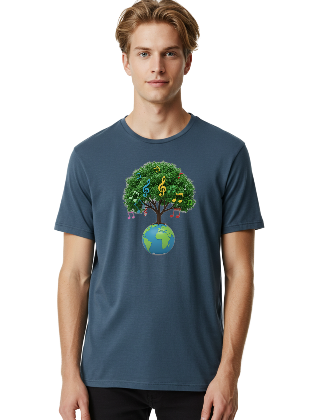 Tree-Of-Music Men'S Graphic Tee, 100% Cotton, Comfortable Casual Summer Wear, Machine Washable, Tree Growing Out Of The Earth, Global Unity, Music Notes, Treble Clefs, Harmony, World Music, Cultural Diversity, Environmentalism, Bab548