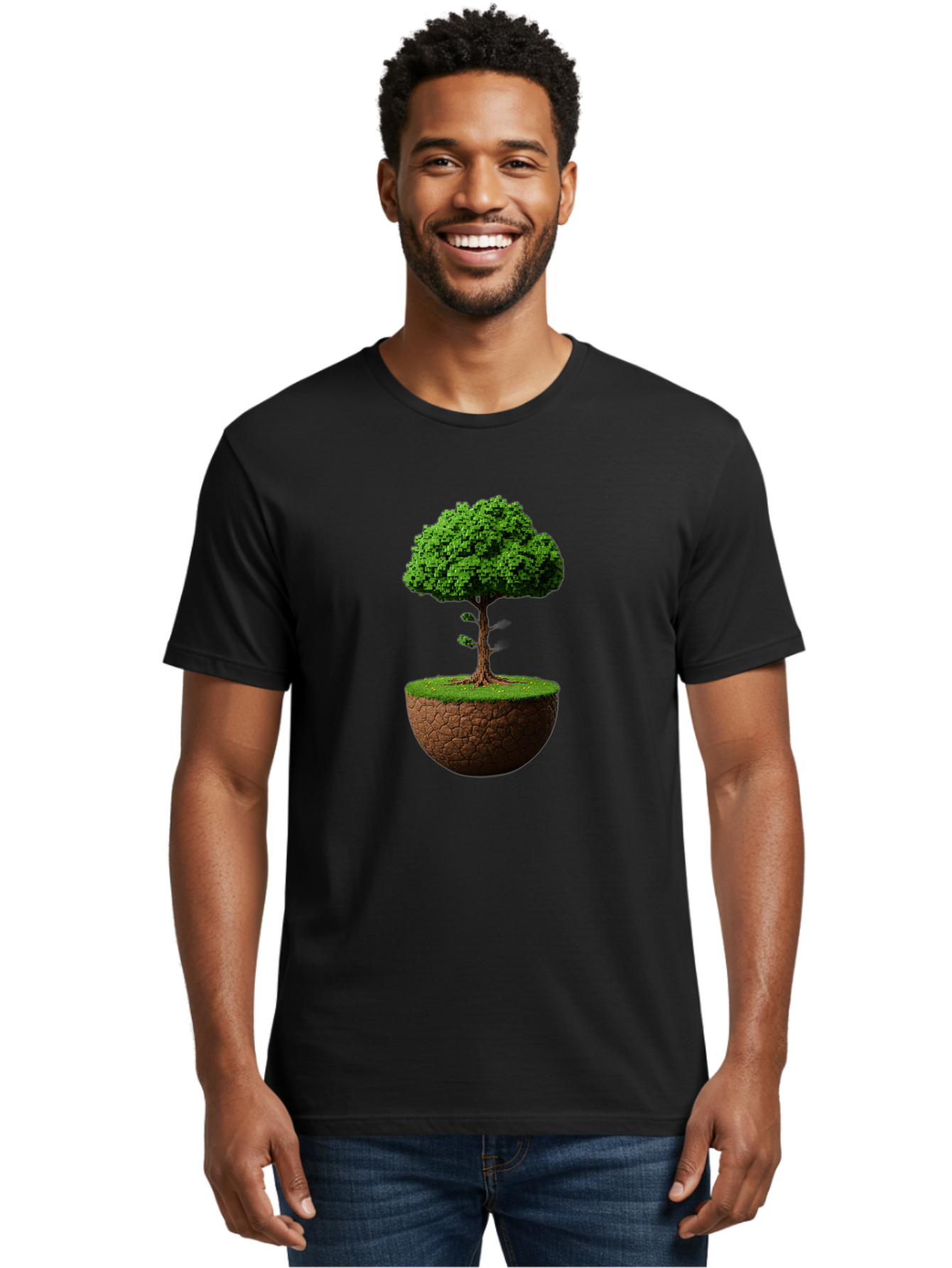 Tree-On-Soil Men'S Graphic Tee, 100% Cotton, Comfortable Casual Summer Wear, Machine Washable, Tree On A Mound Of Soil, Cracked Earth, Lush Foliage, Earthy Tones, 3D Rendering, Digital Art, Environmental Theme, Natural Scenery, Bab549