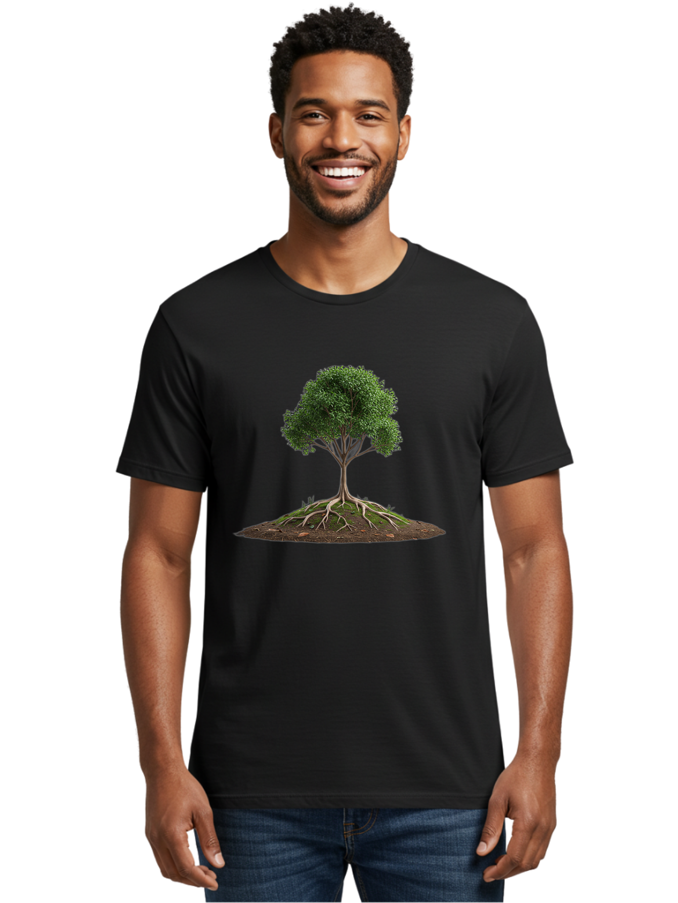 Tree-With-Exposed-Roots Men'S Graphic Tee, 100% Cotton, Comfortable Casual Summer Wear, Machine Washable, Tree With Exposed Roots, Green Leaves, Earthy Tones, Natural Scenery, Outdoor Landscape, Growth, Foliage, Branches, Trunk, Sprouts Bab550