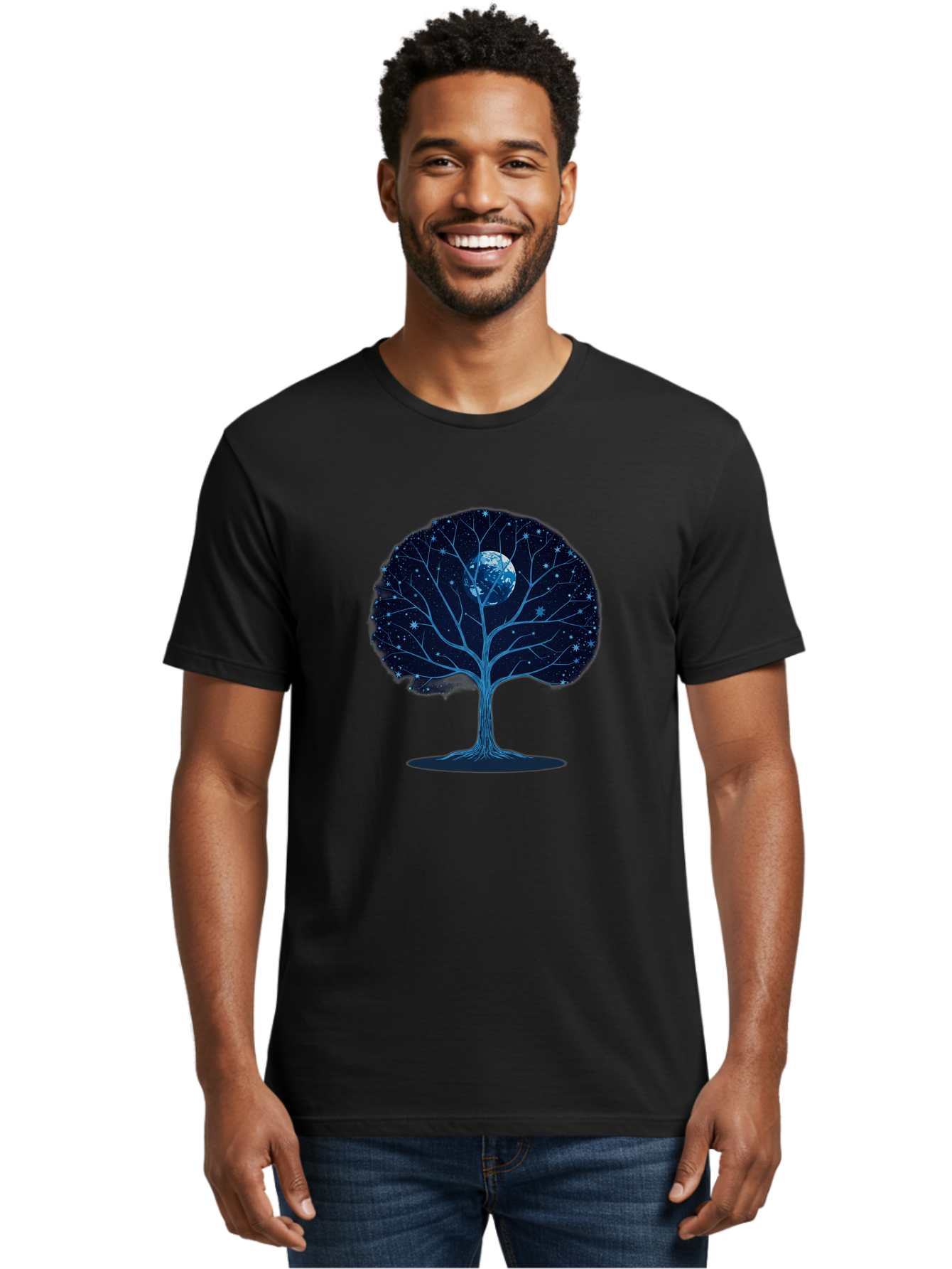 Tree-With-Moon Men'S Graphic Tee, 100% Cotton, Comfortable Casual Summer Wear, Machine Washable, Tree With Bare Branches, Full Moon In The Canopy, Night Sky, Starry Background, Spiritual Symbolism, Mystic Atmosphere, Celestial Body, Bab551