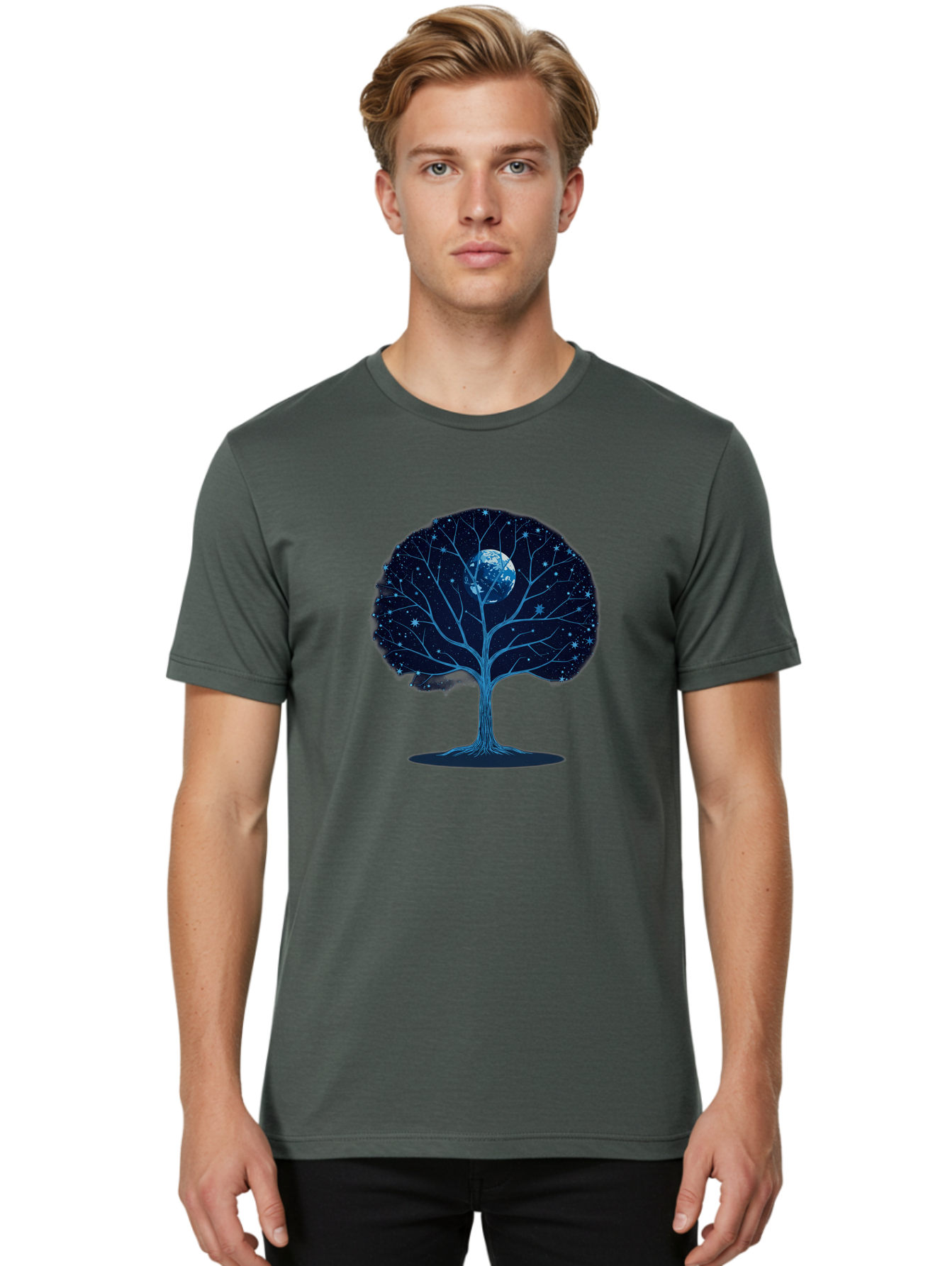 Tree-With-Moon Men'S Graphic Tee, 100% Cotton, Comfortable Casual Summer Wear, Machine Washable, Tree With Bare Branches, Full Moon In The Canopy, Night Sky, Starry Background, Spiritual Symbolism, Mystic Atmosphere, Celestial Body, Bab551