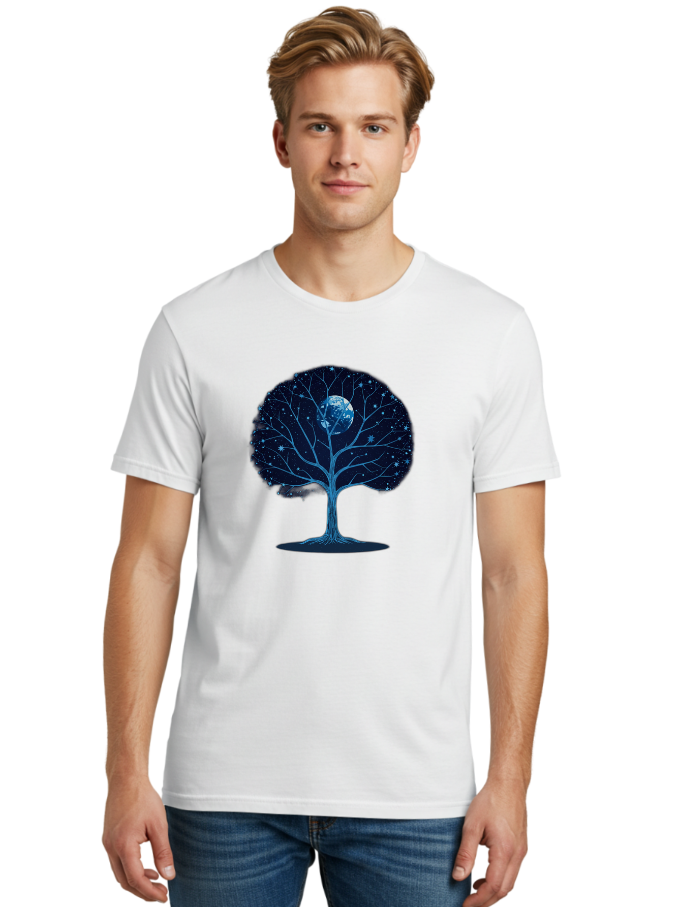 Tree-With-Moon Men'S Graphic Tee, 100% Cotton, Comfortable Casual Summer Wear, Machine Washable, Tree With Bare Branches, Full Moon In The Canopy, Night Sky, Starry Background, Spiritual Symbolism, Mystic Atmosphere, Celestial Body, Bab551