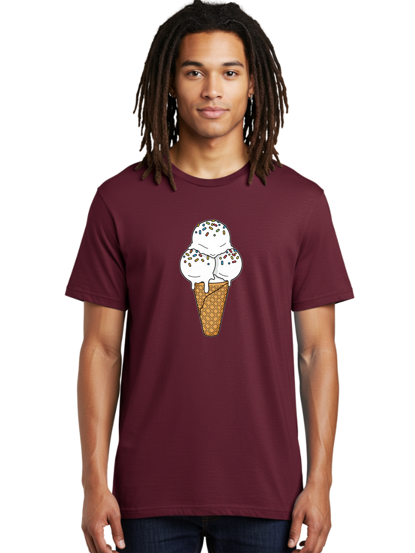Tri-Scoop-Ice-Cream-Cone Men'S Graphic Tee, 100% Cotton, Comfortable Casual Summer Wear, Machine Washable, White Ice Cream, Colorful Sprinkles, Melting Ice Cream, Waffle Cone, Sweet Treat, Colorful Dessert, Summer Treat, Ice Cream Cone Bab553