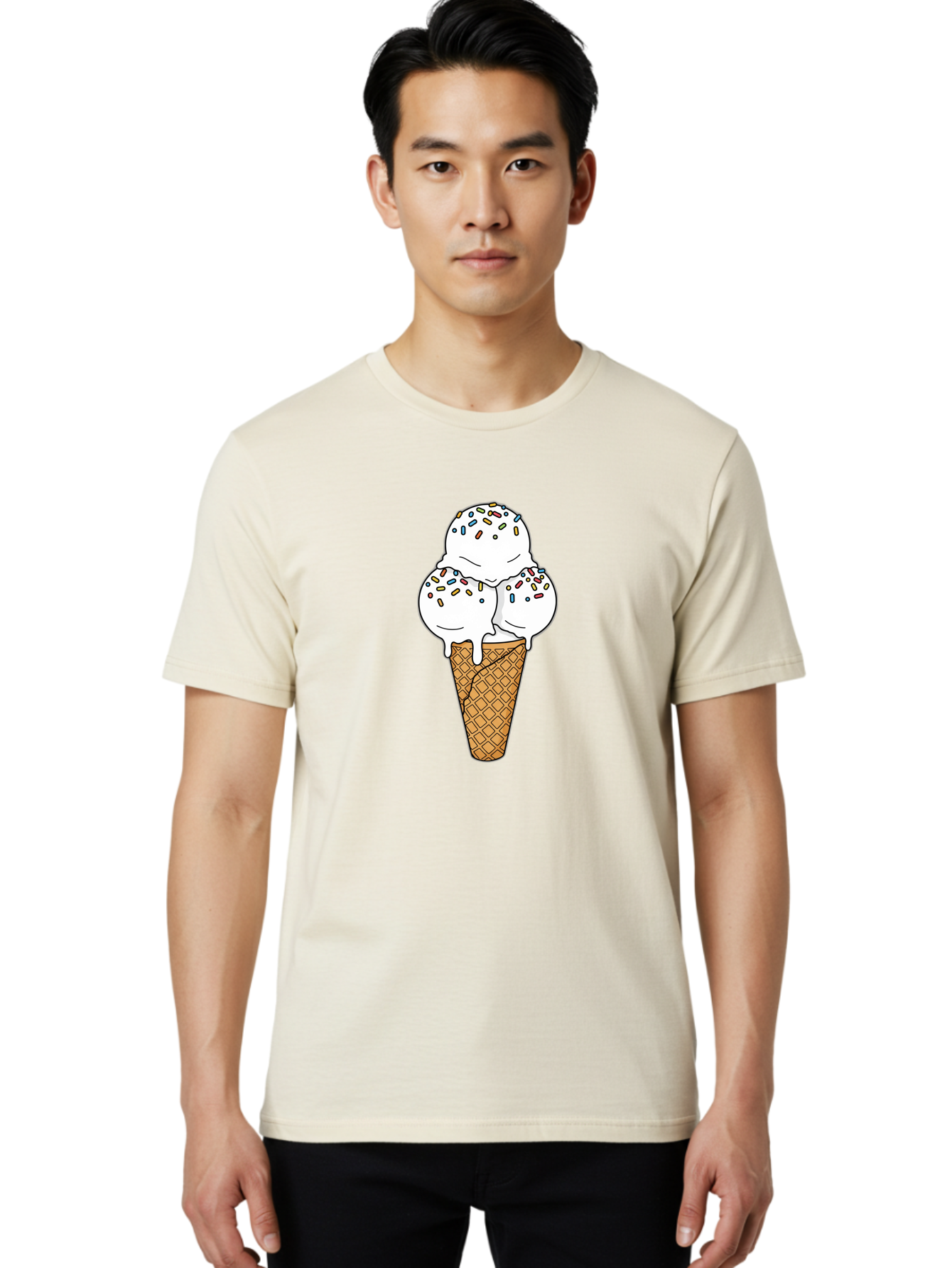 Tri-Scoop-Ice-Cream-Cone Men'S Graphic Tee, 100% Cotton, Comfortable Casual Summer Wear, Machine Washable, White Ice Cream, Colorful Sprinkles, Melting Ice Cream, Waffle Cone, Sweet Treat, Colorful Dessert, Summer Treat, Ice Cream Cone Bab553