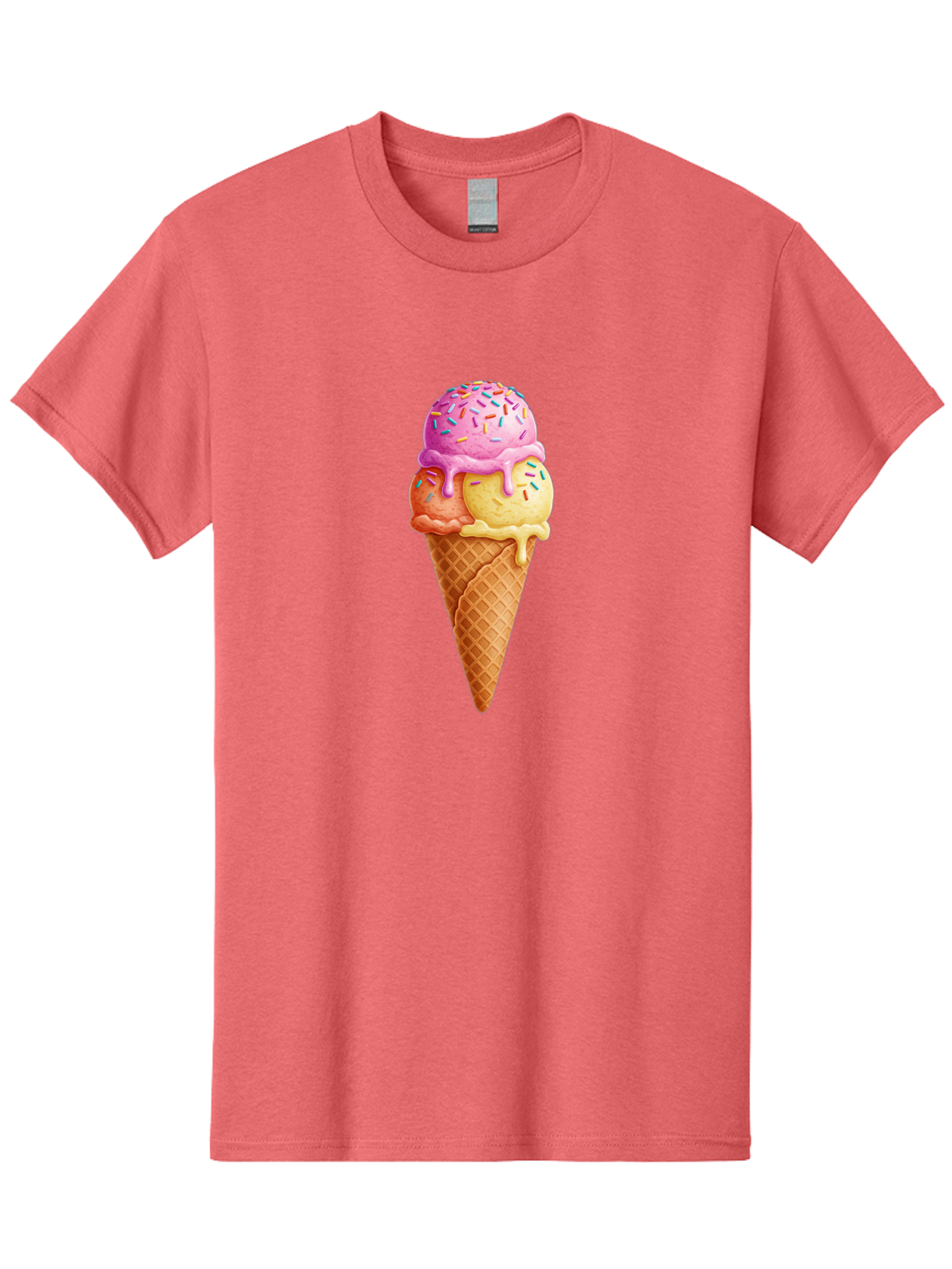 Triple-Scoop-Ice-Cream-3 Men'S Graphic Tee, 100% Cotton, Comfortable Casual Summer Wear, Machine Washable, Triple Scoop Ice Cream, Waffle Cone, Colorful Sprinkles, Melting Ice Cream, Sweet Treat, Dessert Delight, Pastel Colors, Summer Fun, Bab556