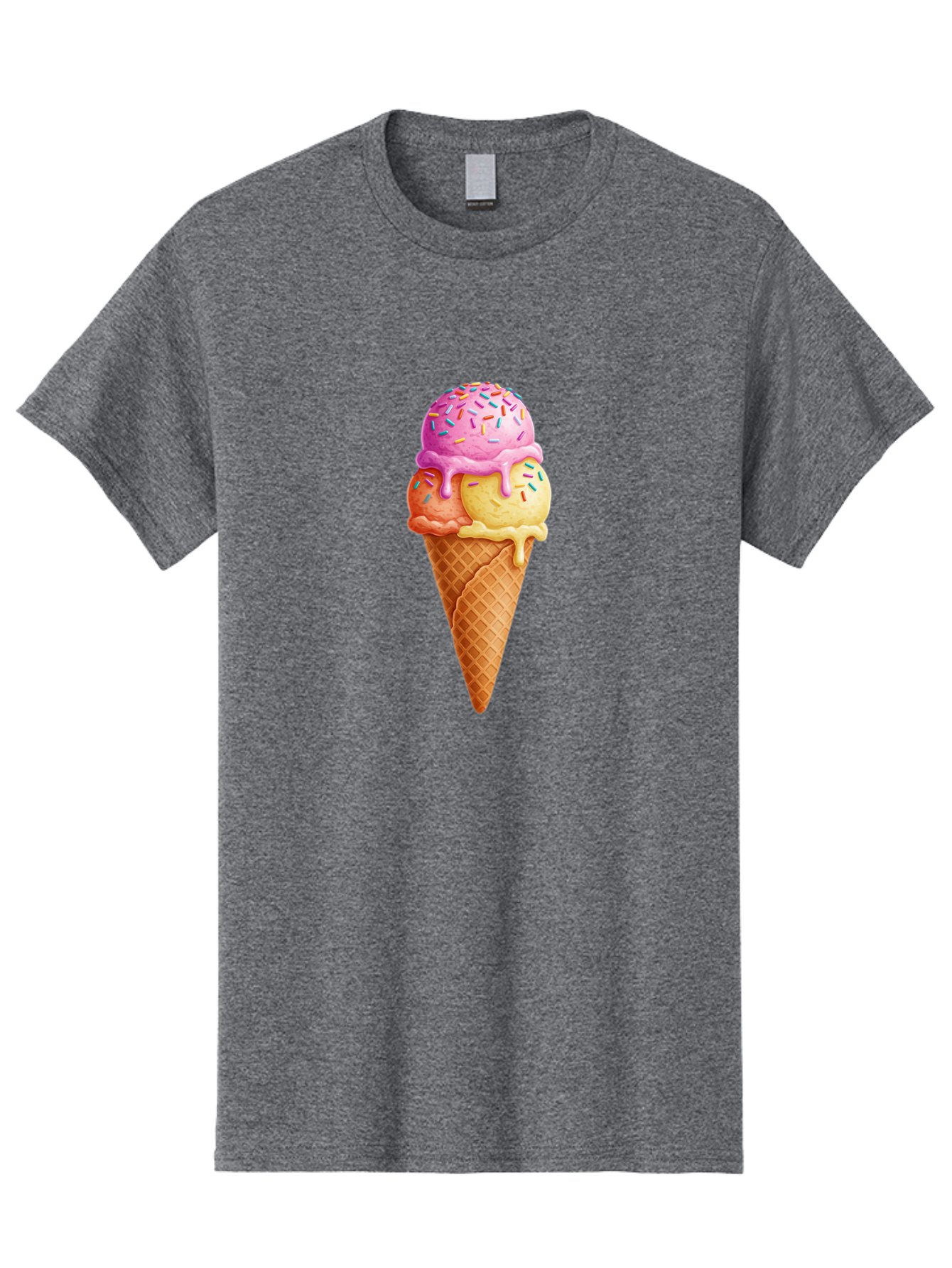 Triple-Scoop-Ice-Cream-3 Men'S Graphic Tee, 100% Cotton, Comfortable Casual Summer Wear, Machine Washable, Triple Scoop Ice Cream, Waffle Cone, Colorful Sprinkles, Melting Ice Cream, Sweet Treat, Dessert Delight, Pastel Colors, Summer Fun, Bab556