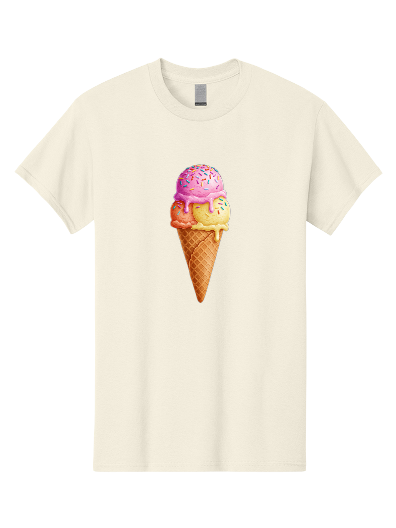 Triple-Scoop-Ice-Cream-3 Men'S Graphic Tee, 100% Cotton, Comfortable Casual Summer Wear, Machine Washable, Triple Scoop Ice Cream, Waffle Cone, Colorful Sprinkles, Melting Ice Cream, Sweet Treat, Dessert Delight, Pastel Colors, Summer Fun, Bab556