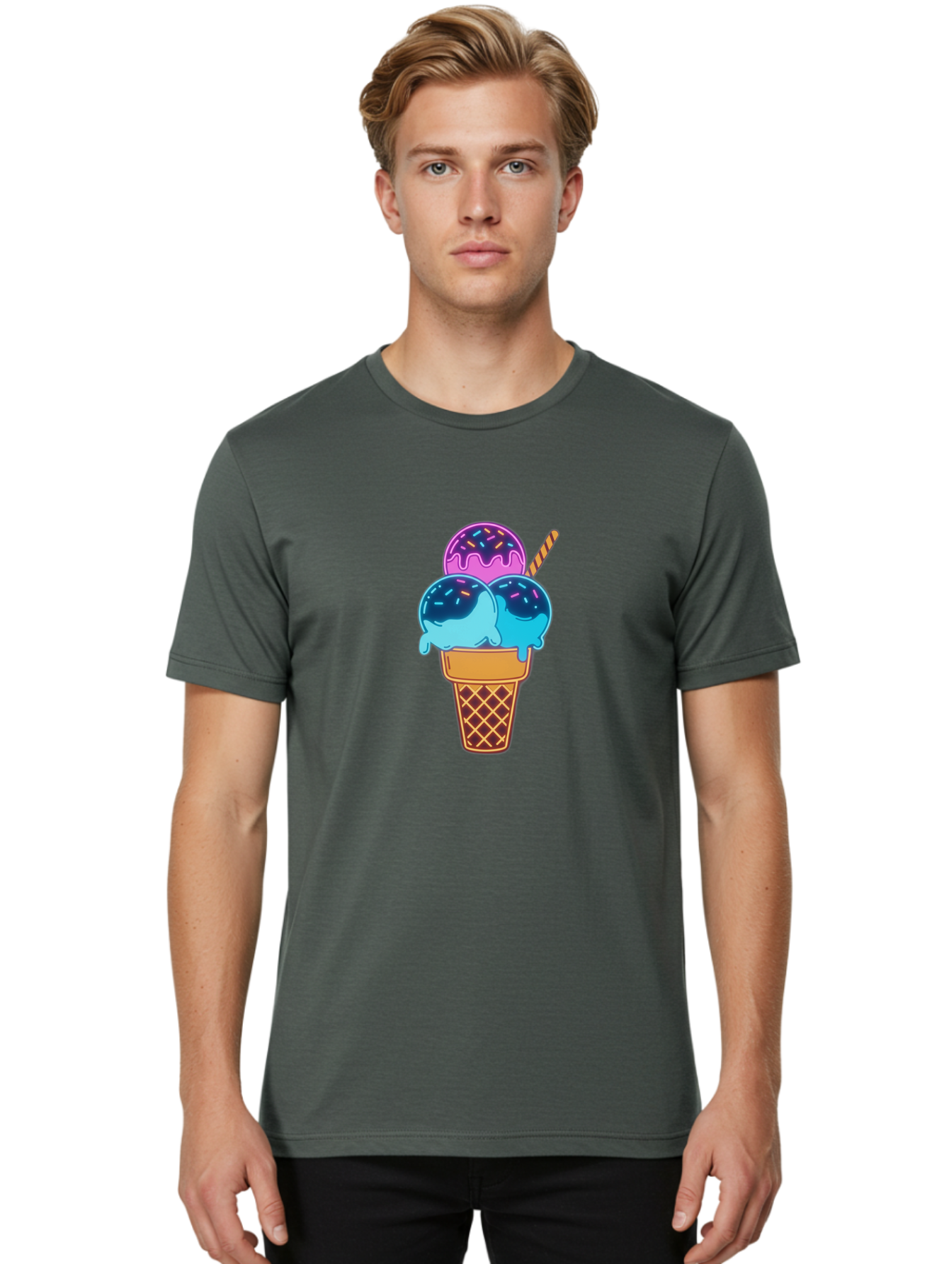 Triple-Scoop-Ice-Cream Men'S Graphic Tee, 100% Cotton, Comfortable Casual Summer Wear, Machine Washable, Ice Cream Cone, Three Scoops, Colorful Treats, Sweet Dessert, Sprinkles, Waffle Cone, Summer Fun, Creamy Texture, Vibrant Colors, Bab557