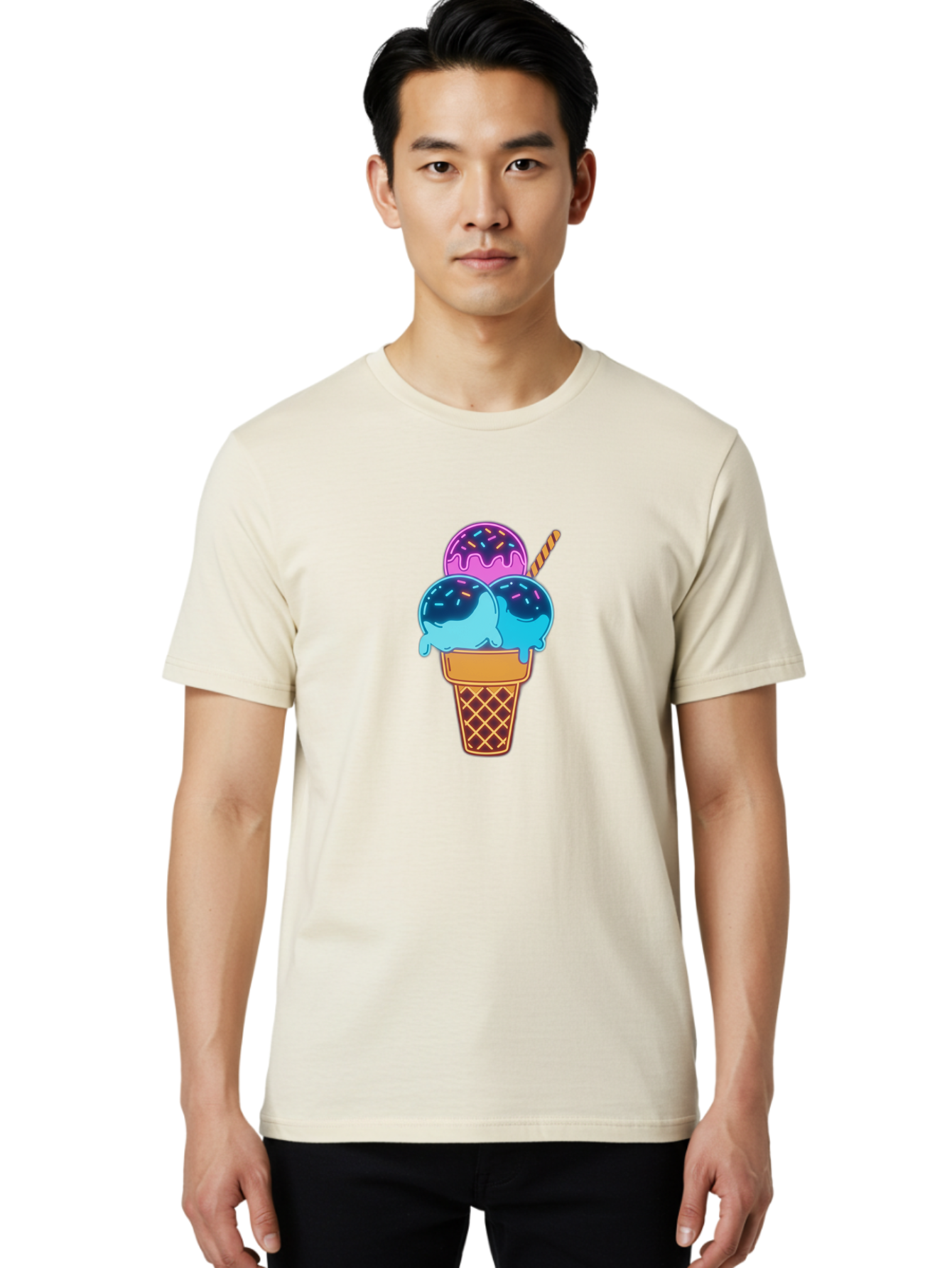 Triple-Scoop-Ice-Cream Men'S Graphic Tee, 100% Cotton, Comfortable Casual Summer Wear, Machine Washable, Ice Cream Cone, Three Scoops, Colorful Treats, Sweet Dessert, Sprinkles, Waffle Cone, Summer Fun, Creamy Texture, Vibrant Colors, Bab557