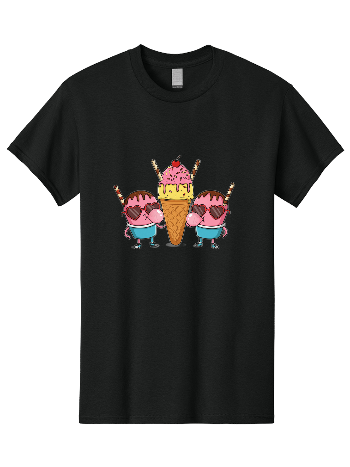 Twin-Ice-Cream Men'S Graphic Tee, 100% Cotton, Comfortable Casual Summer Wear, Machine Washable, Cartoon Ice Cream Characters, Heart-Shaped Sunglasses, Dripping Chocolate, Pink And Yellow Ice Cream, Sprinkles, Cherry On Top, Striped Straws, Bab559