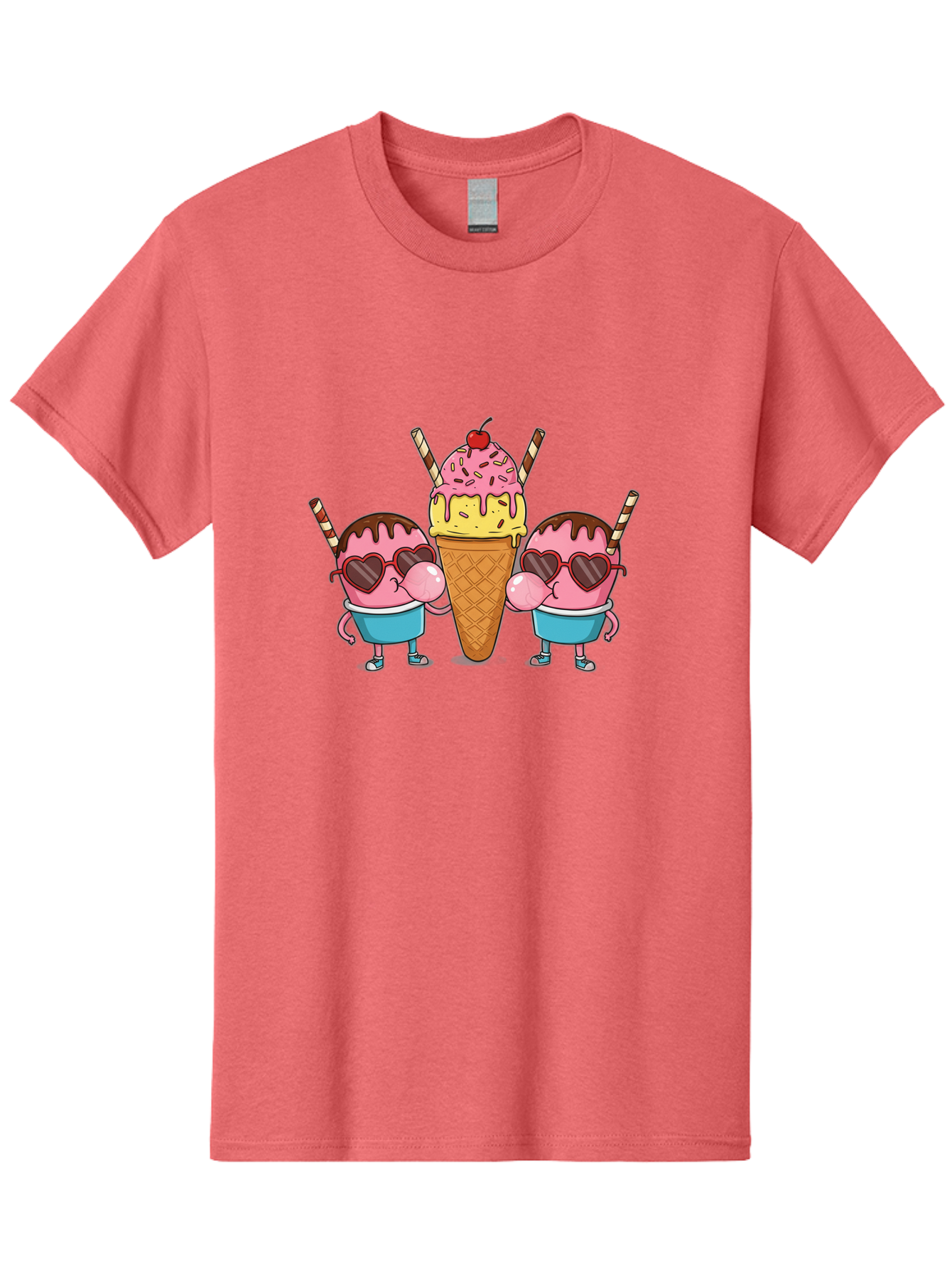 Twin-Ice-Cream Men'S Graphic Tee, 100% Cotton, Comfortable Casual Summer Wear, Machine Washable, Cartoon Ice Cream Characters, Heart-Shaped Sunglasses, Dripping Chocolate, Pink And Yellow Ice Cream, Sprinkles, Cherry On Top, Striped Straws, Bab559