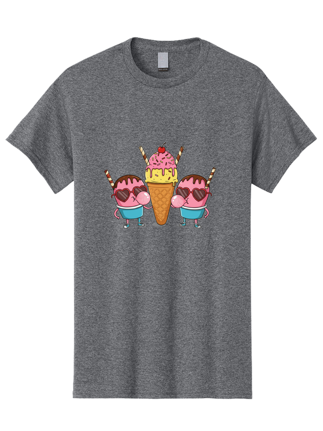 Twin-Ice-Cream Men'S Graphic Tee, 100% Cotton, Comfortable Casual Summer Wear, Machine Washable, Cartoon Ice Cream Characters, Heart-Shaped Sunglasses, Dripping Chocolate, Pink And Yellow Ice Cream, Sprinkles, Cherry On Top, Striped Straws, Bab559